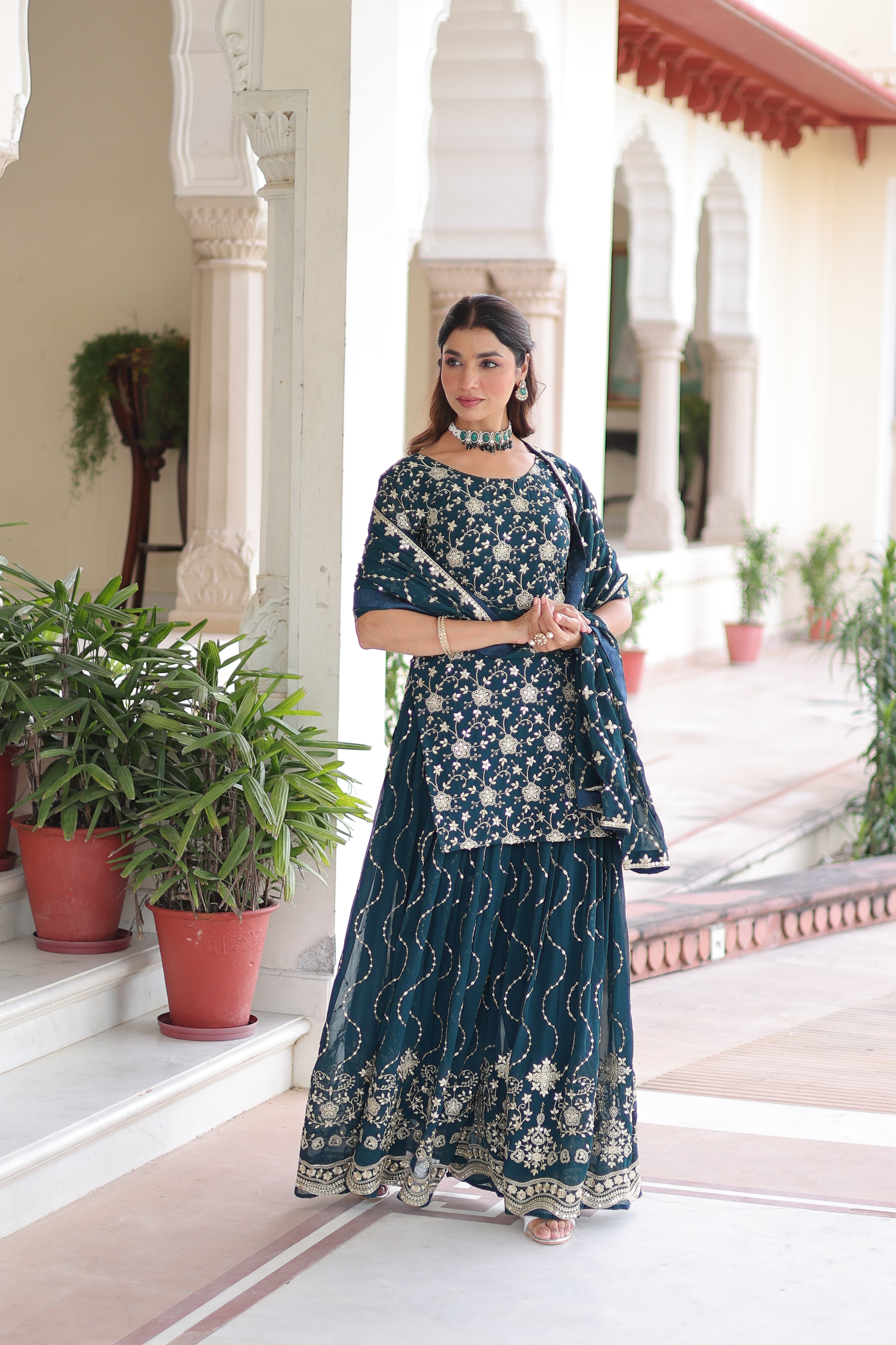 Georgette Sequins Embroidered Wedding Sharara Suit