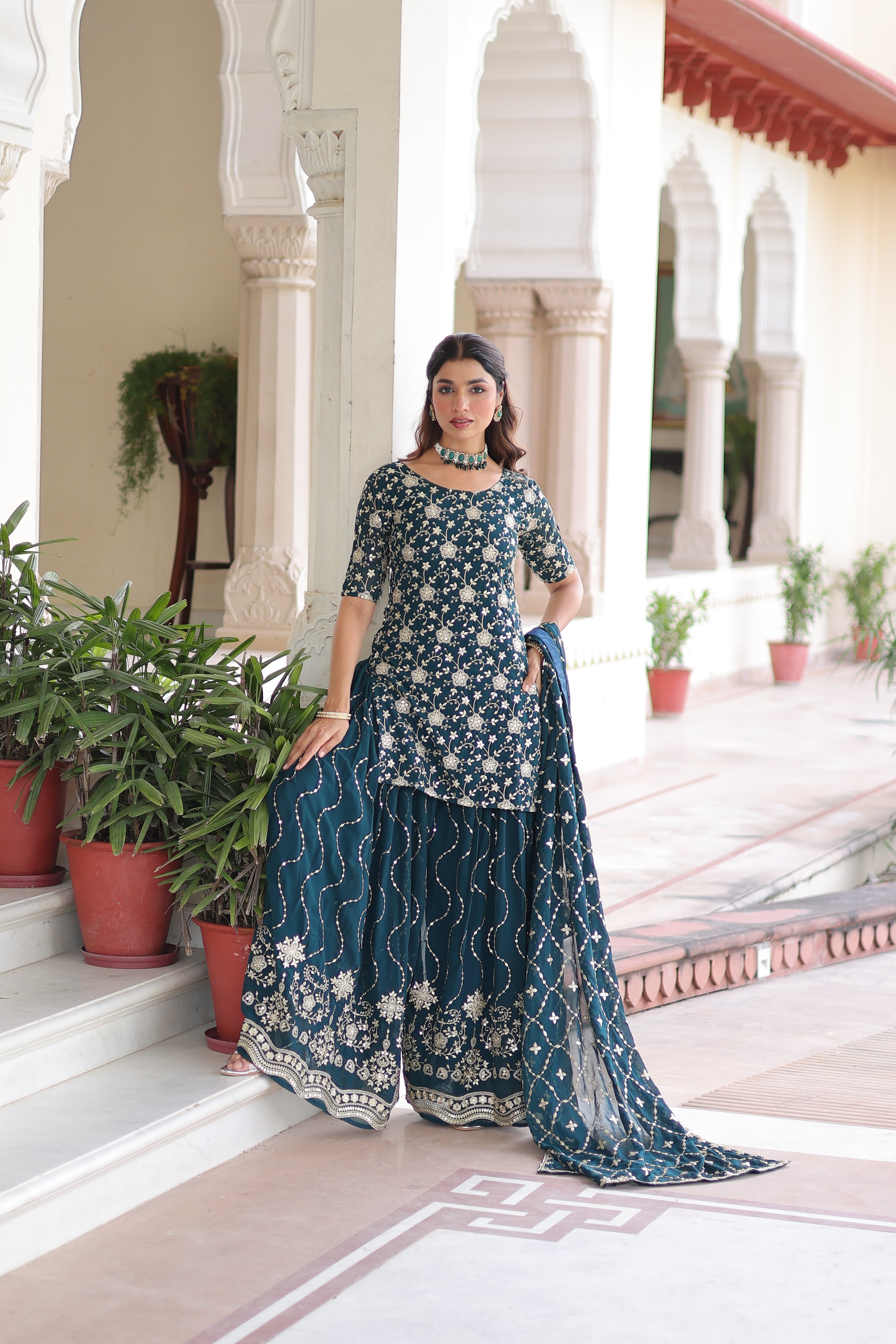 Georgette Sequins Embroidered Wedding Sharara Suit
