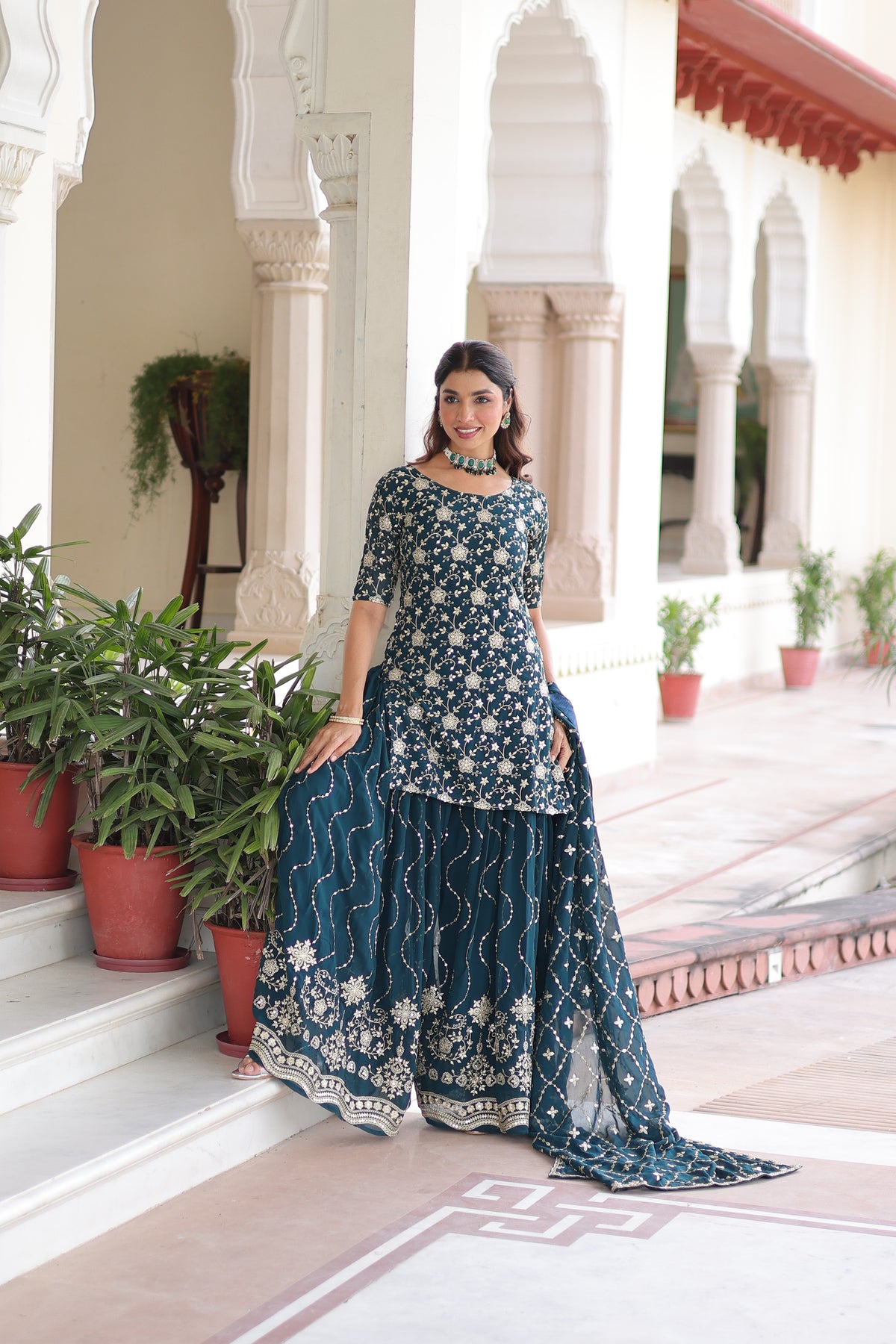 Georgette Sequins Embroidered Wedding Sharara Suit
