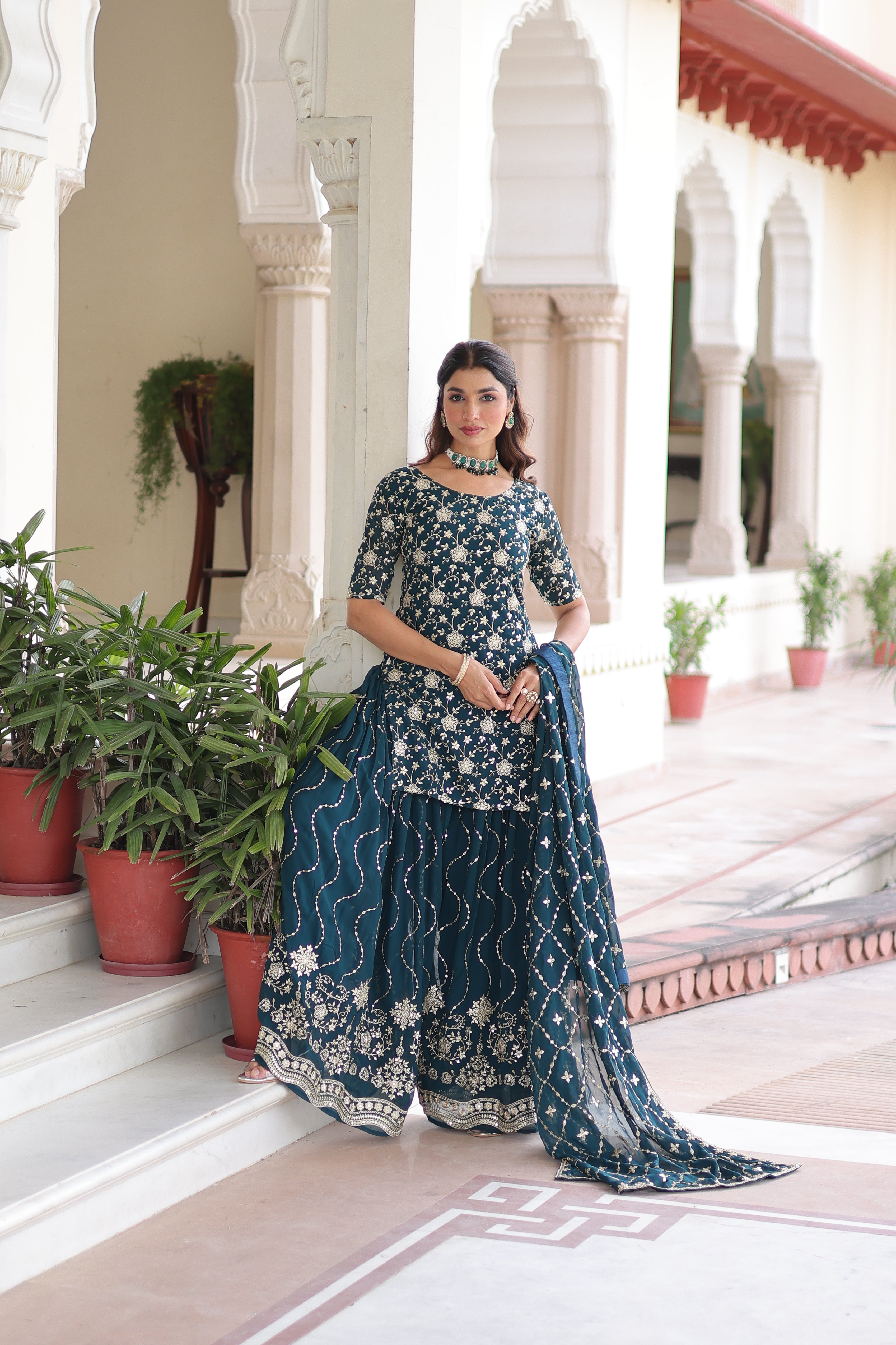 Georgette Sequins Embroidered Wedding Sharara Suit