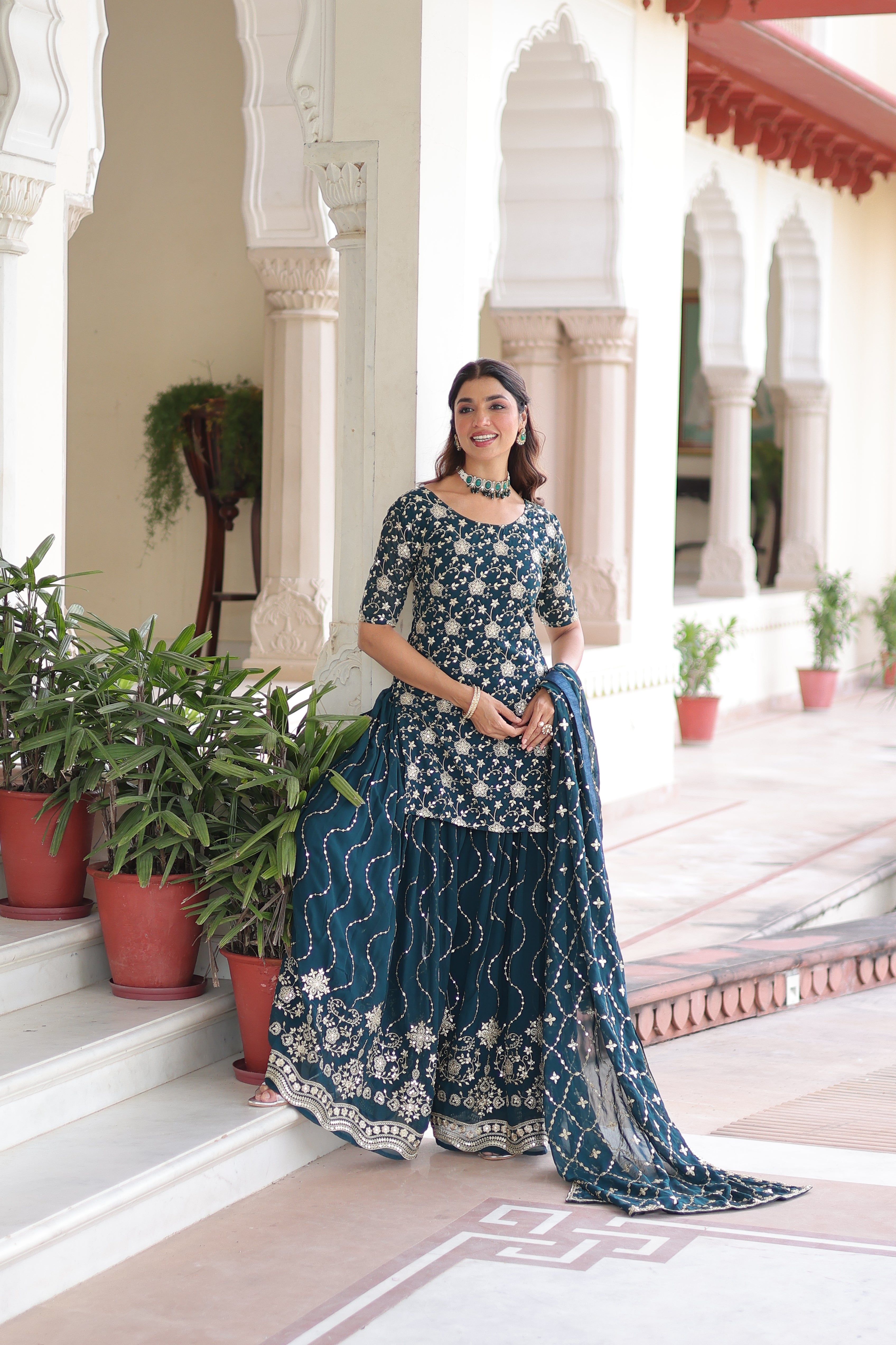 Georgette Sequins Embroidered Wedding Sharara Suit