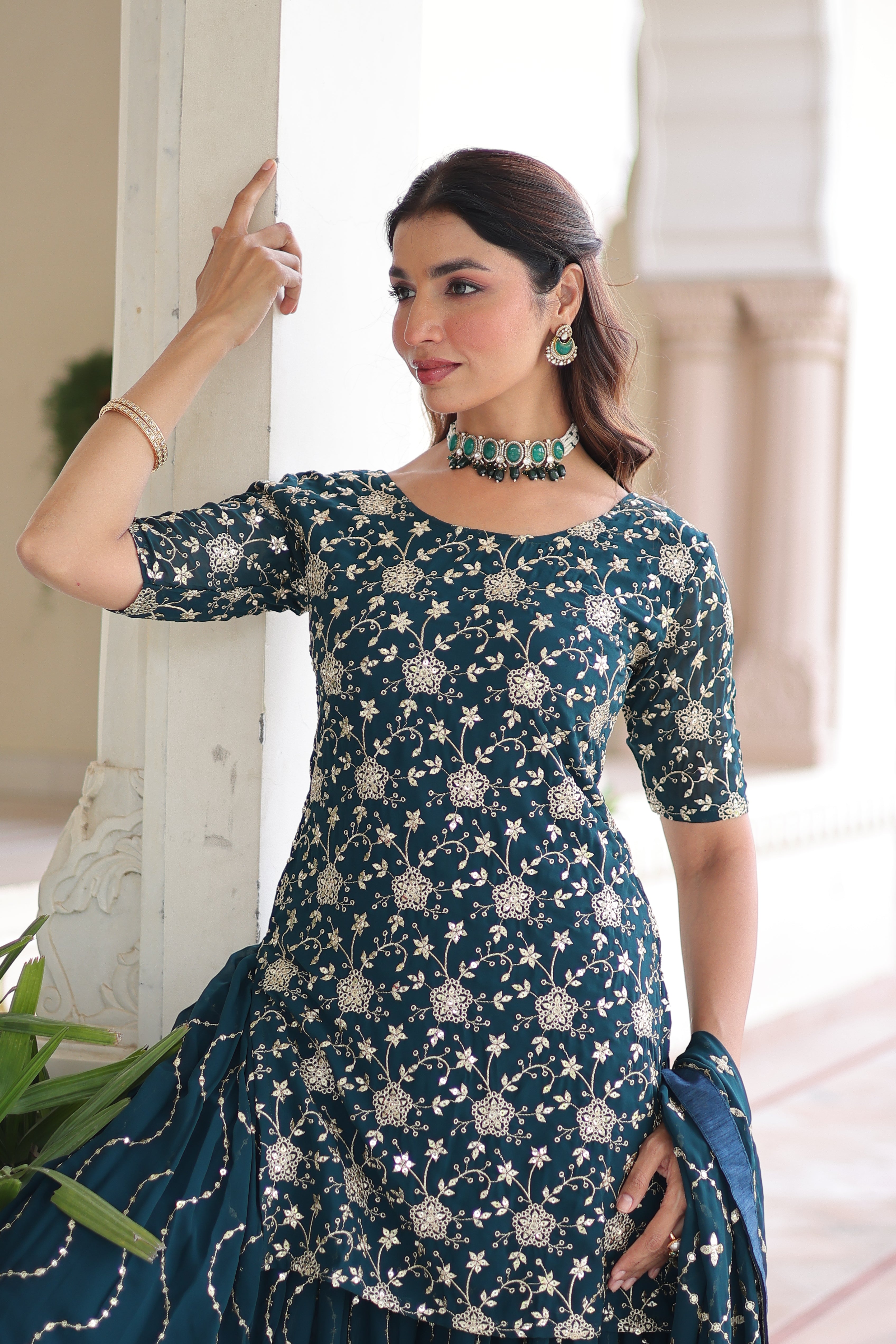 Georgette Sequins Embroidered Wedding Sharara Suit