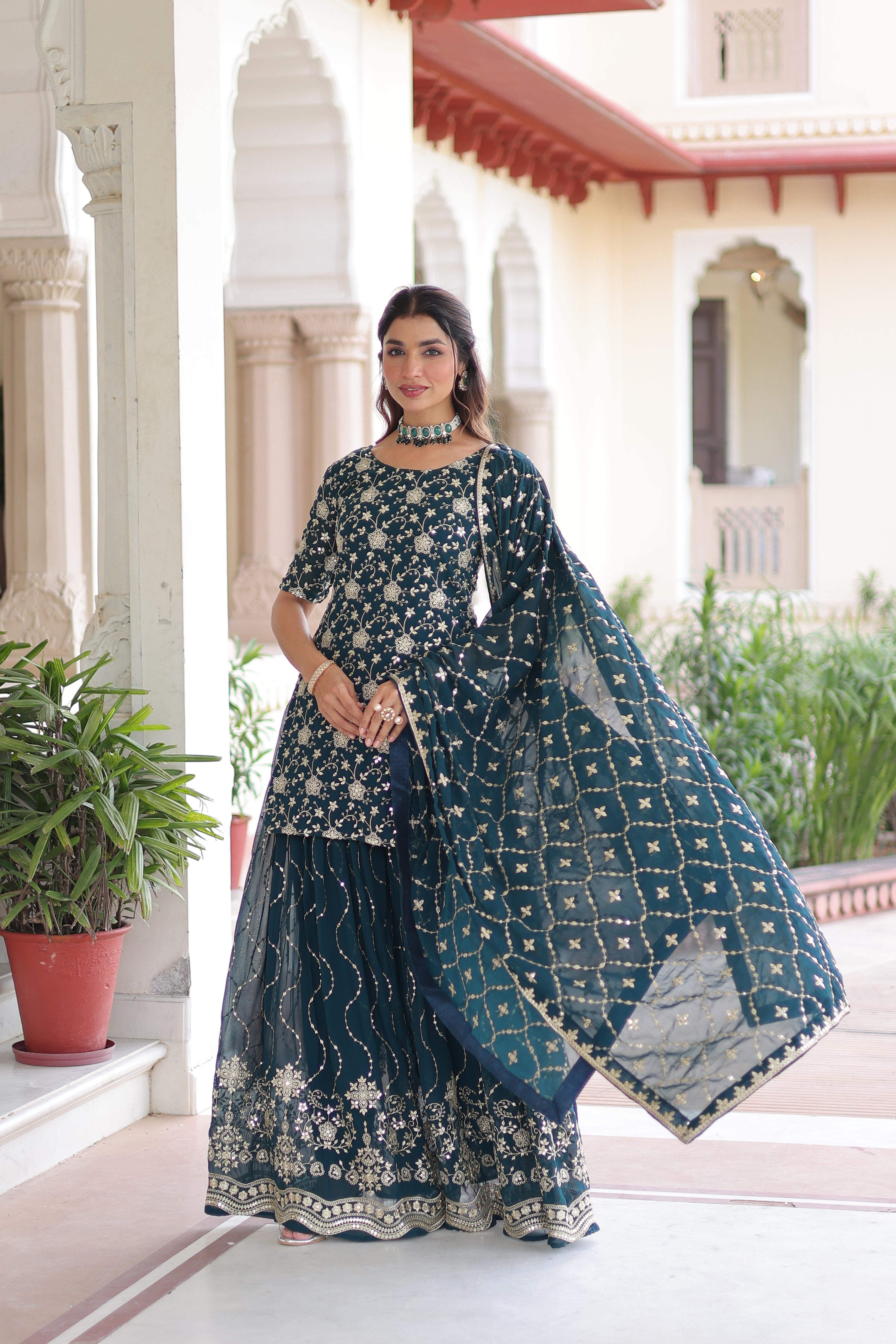Georgette Sequins Embroidered Wedding Sharara Suit