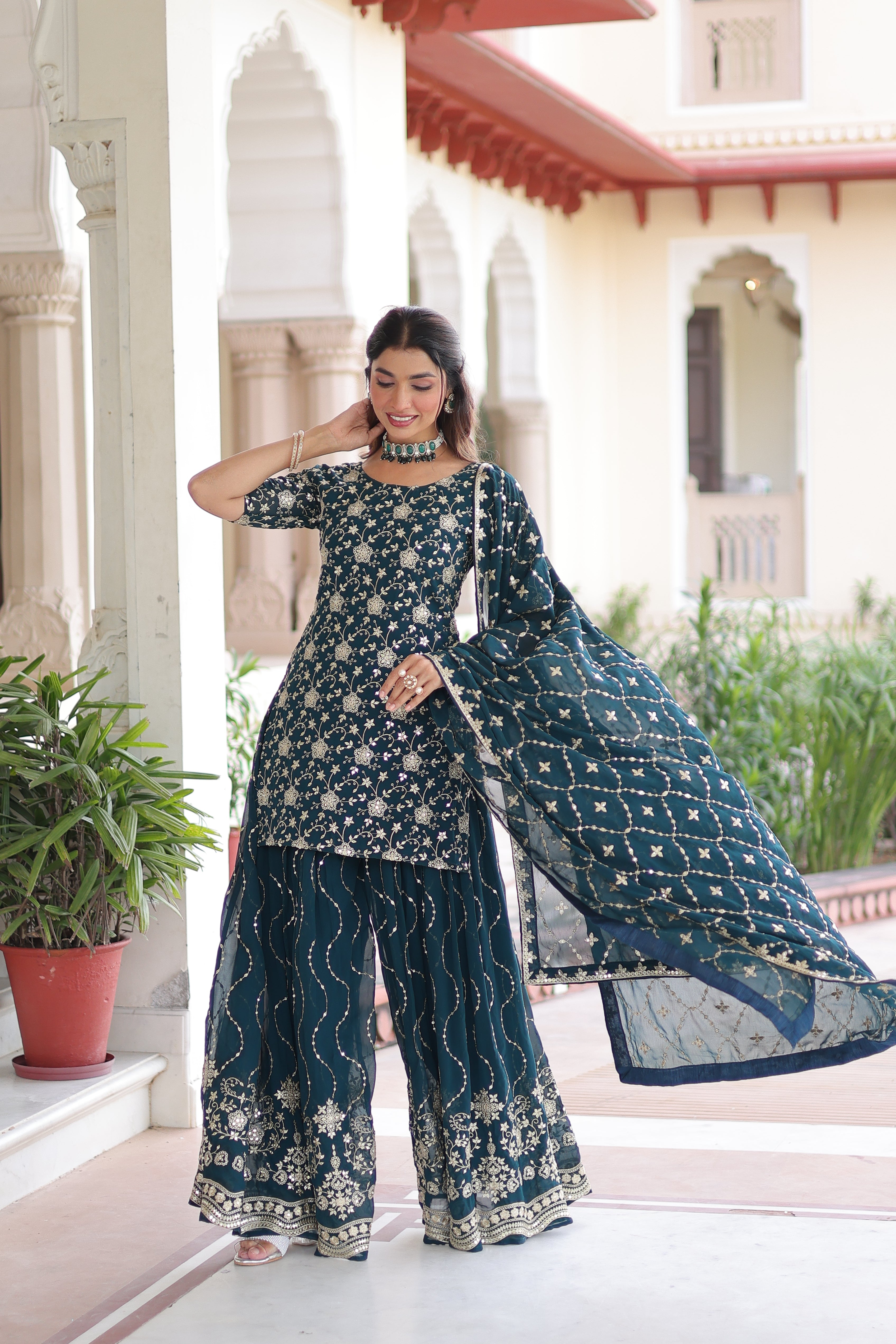 Georgette Sequins Embroidered Wedding Sharara Suit