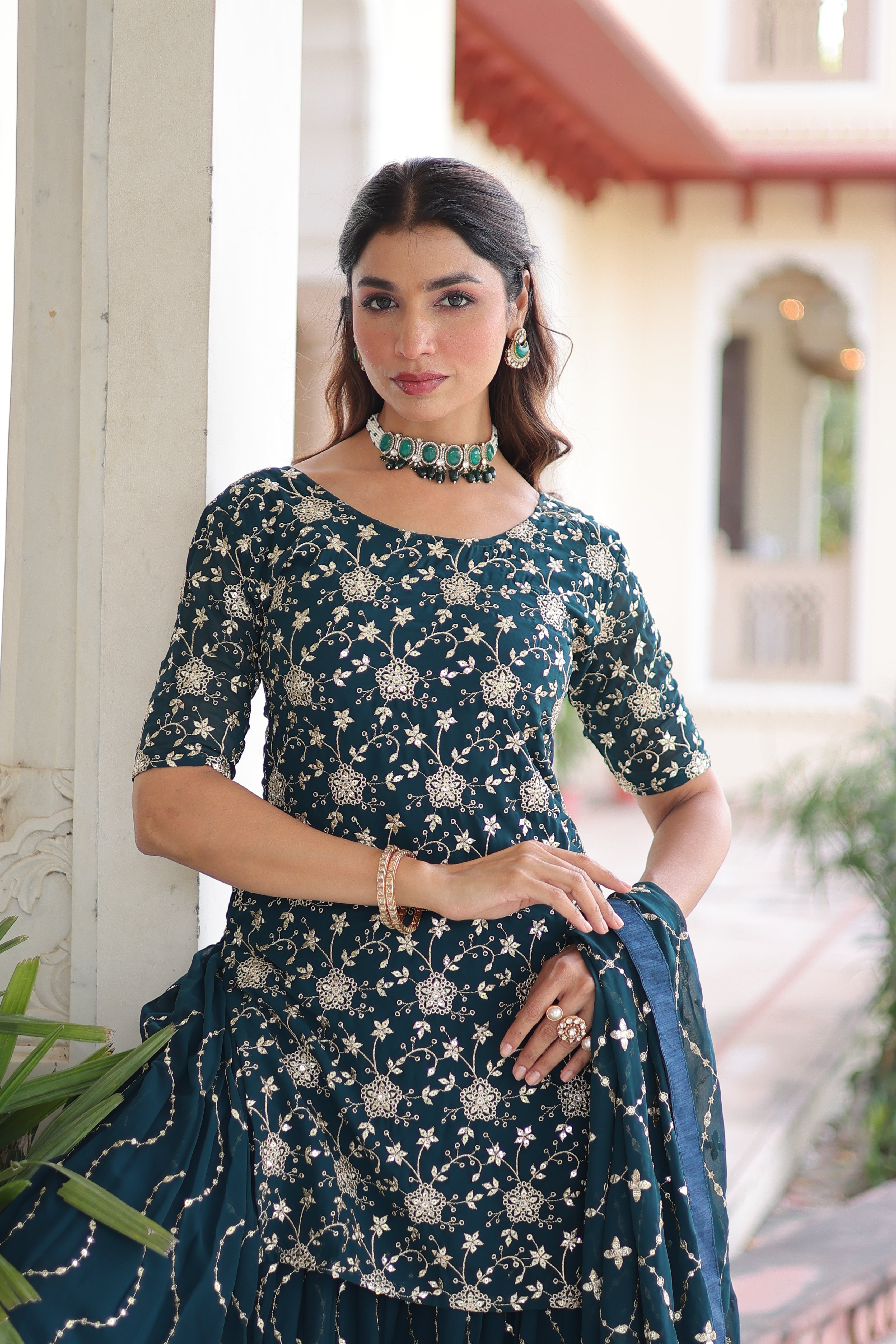 Georgette Sequins Embroidered Wedding Sharara Suit