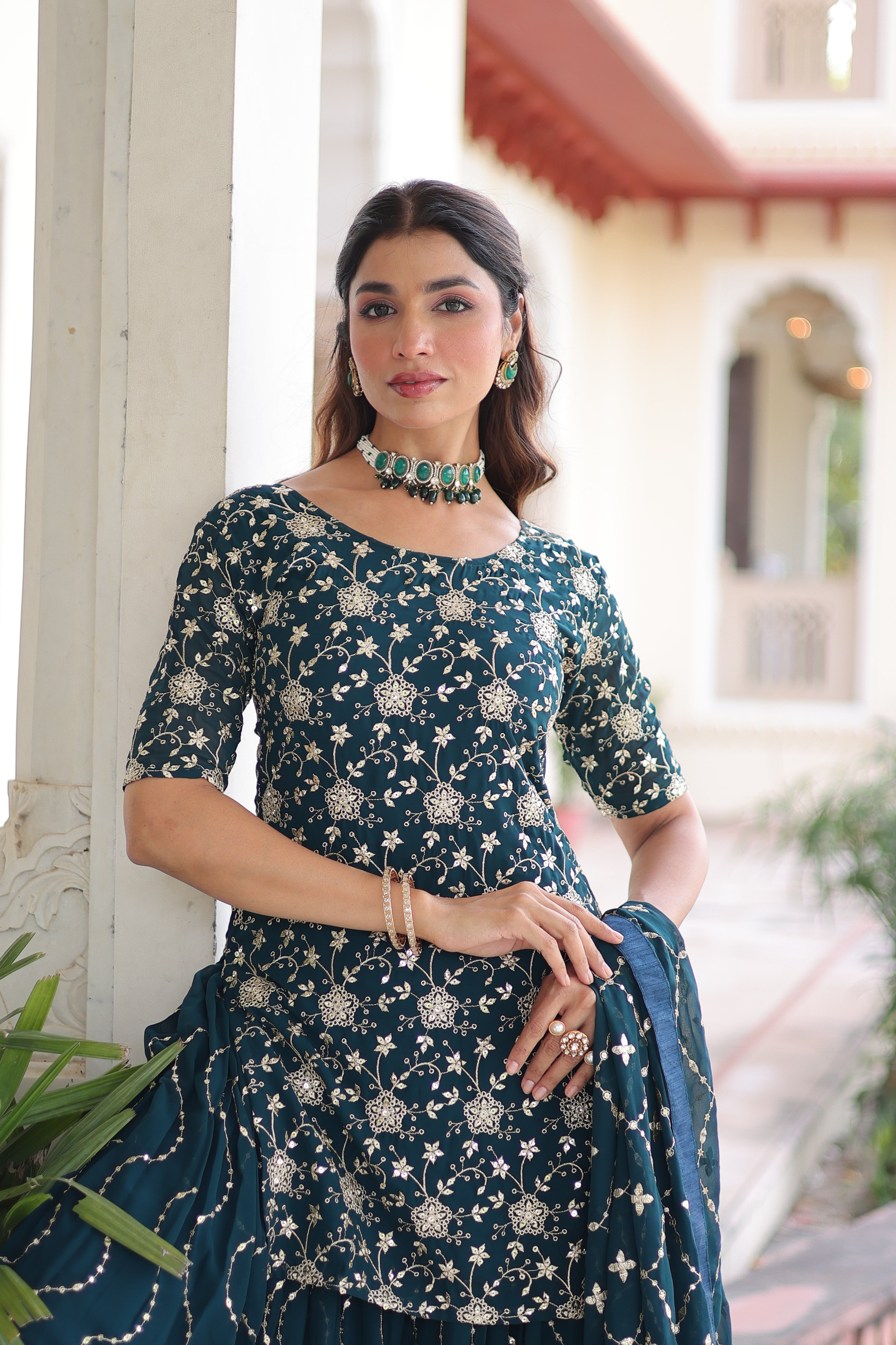 Georgette Sequins Embroidered Wedding Sharara Suit