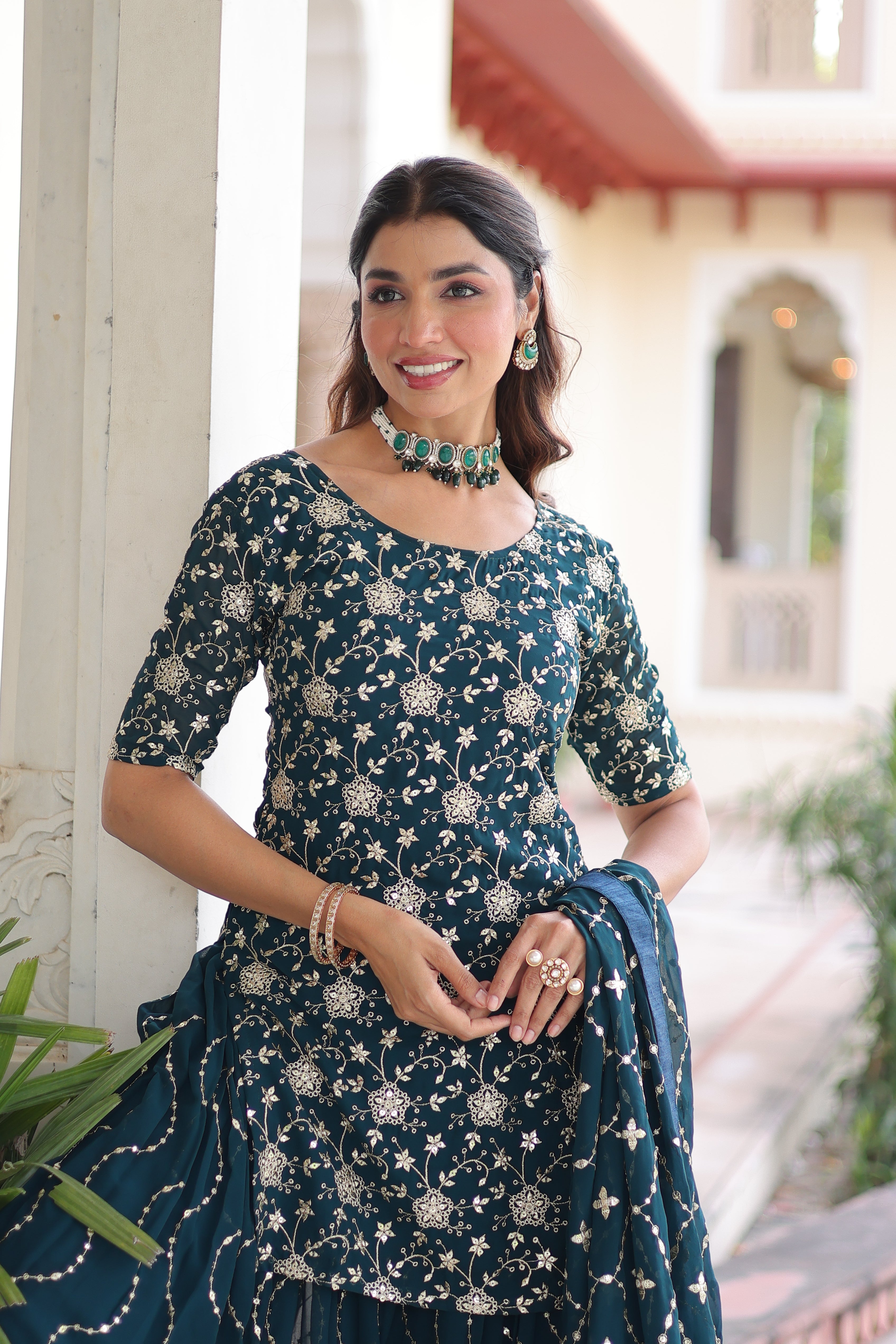 Georgette Sequins Embroidered Wedding Sharara Suit