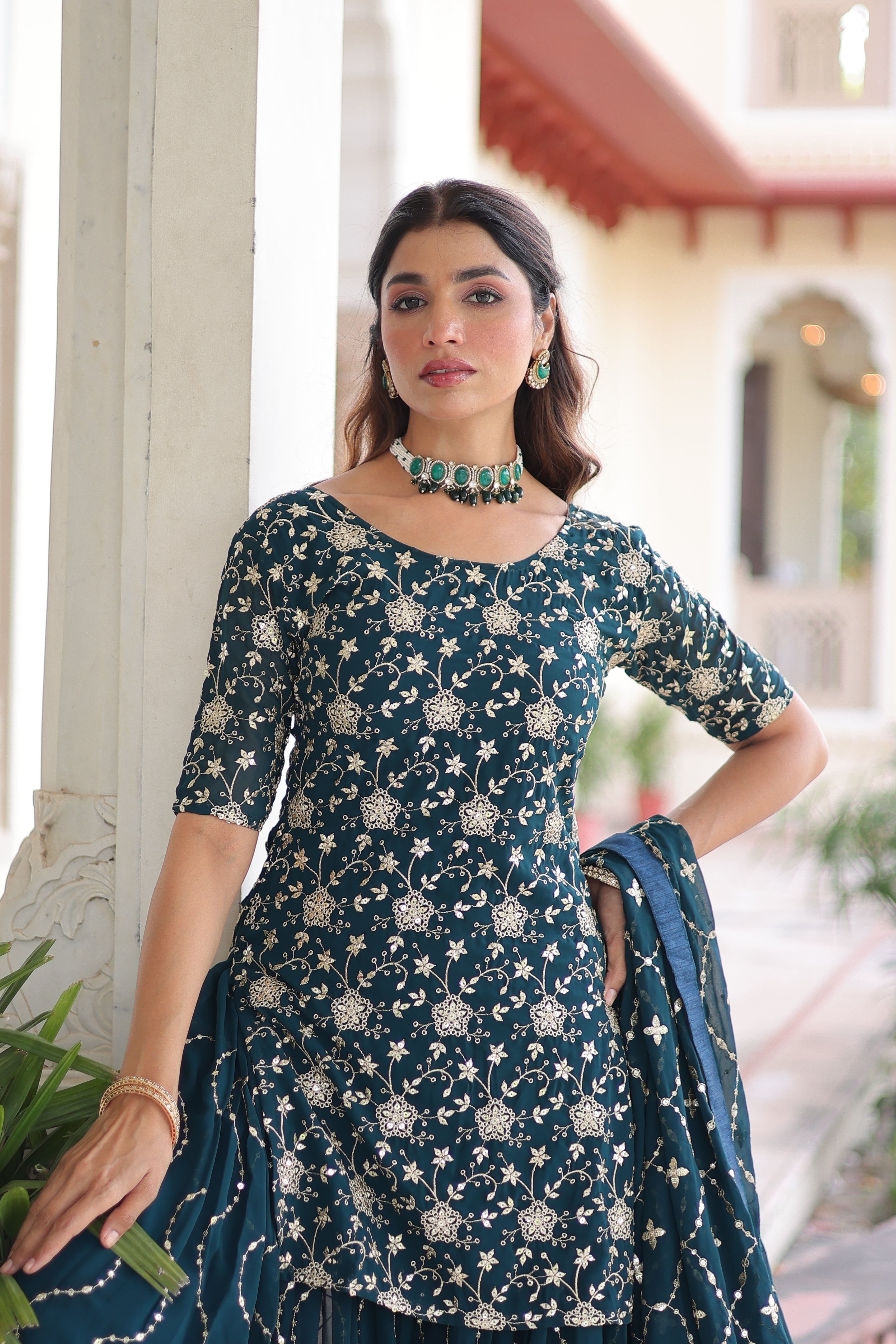 Georgette Sequins Embroidered Wedding Sharara Suit