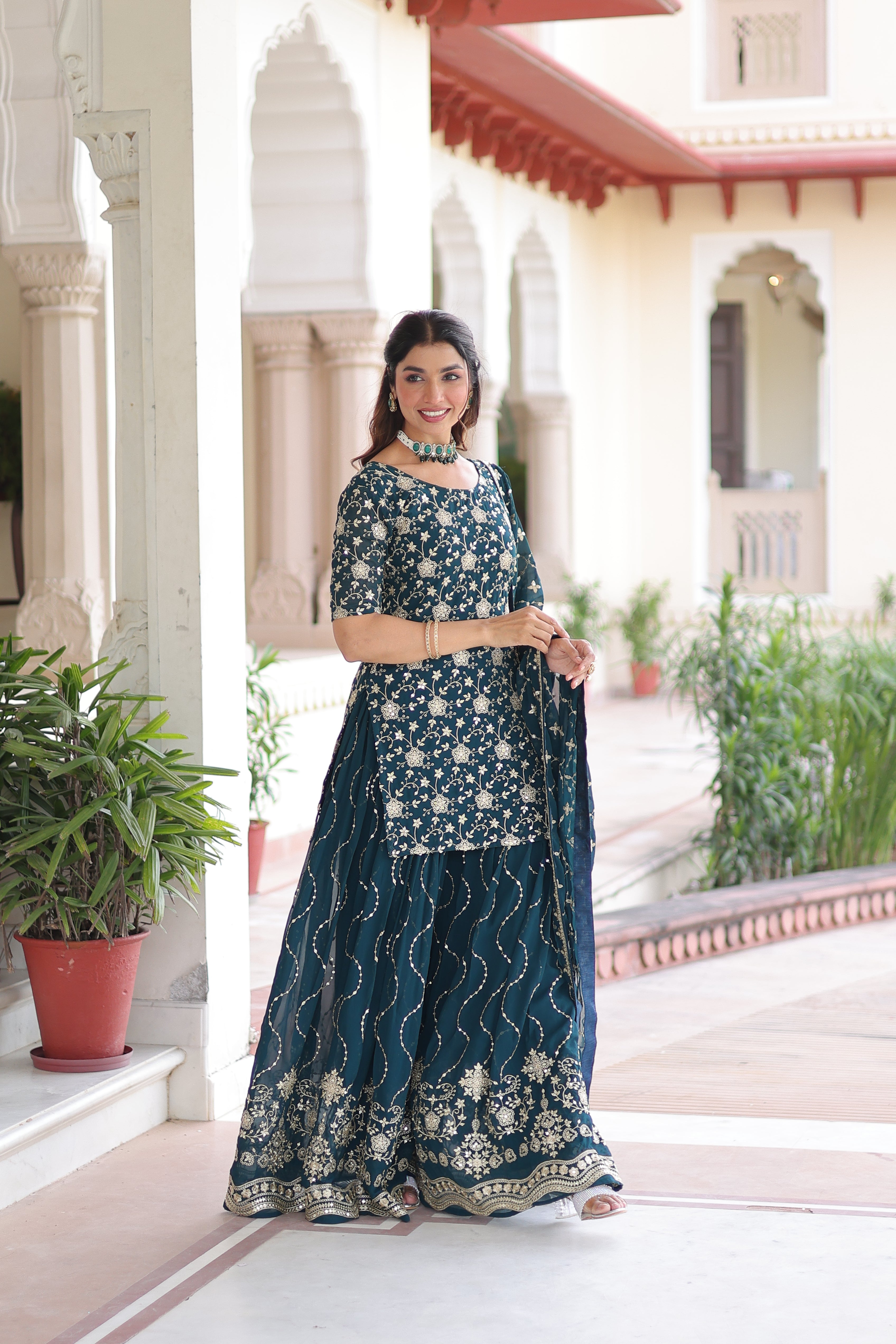 Georgette Sequins Embroidered Wedding Sharara Suit