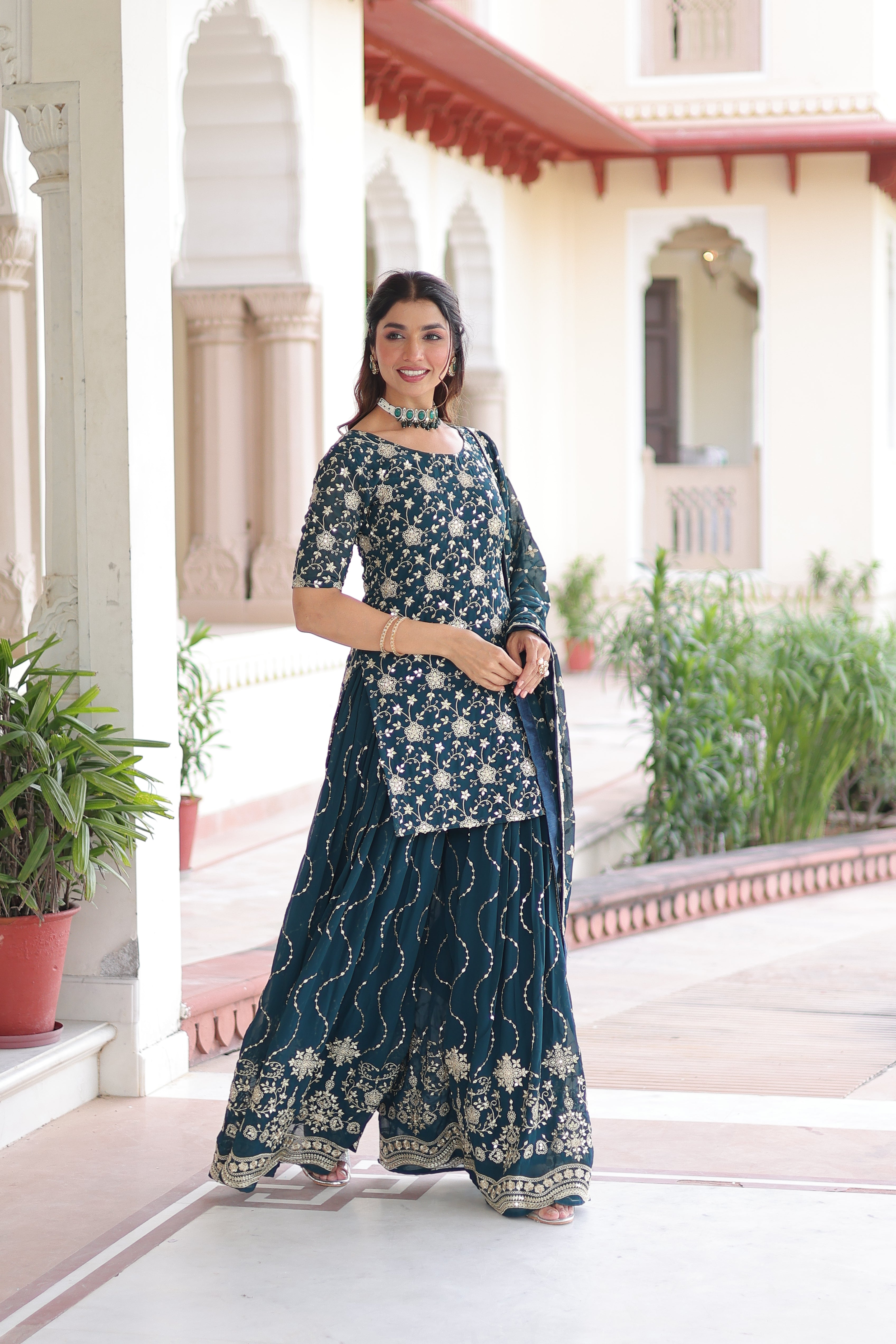 Georgette Sequins Embroidered Wedding Sharara Suit