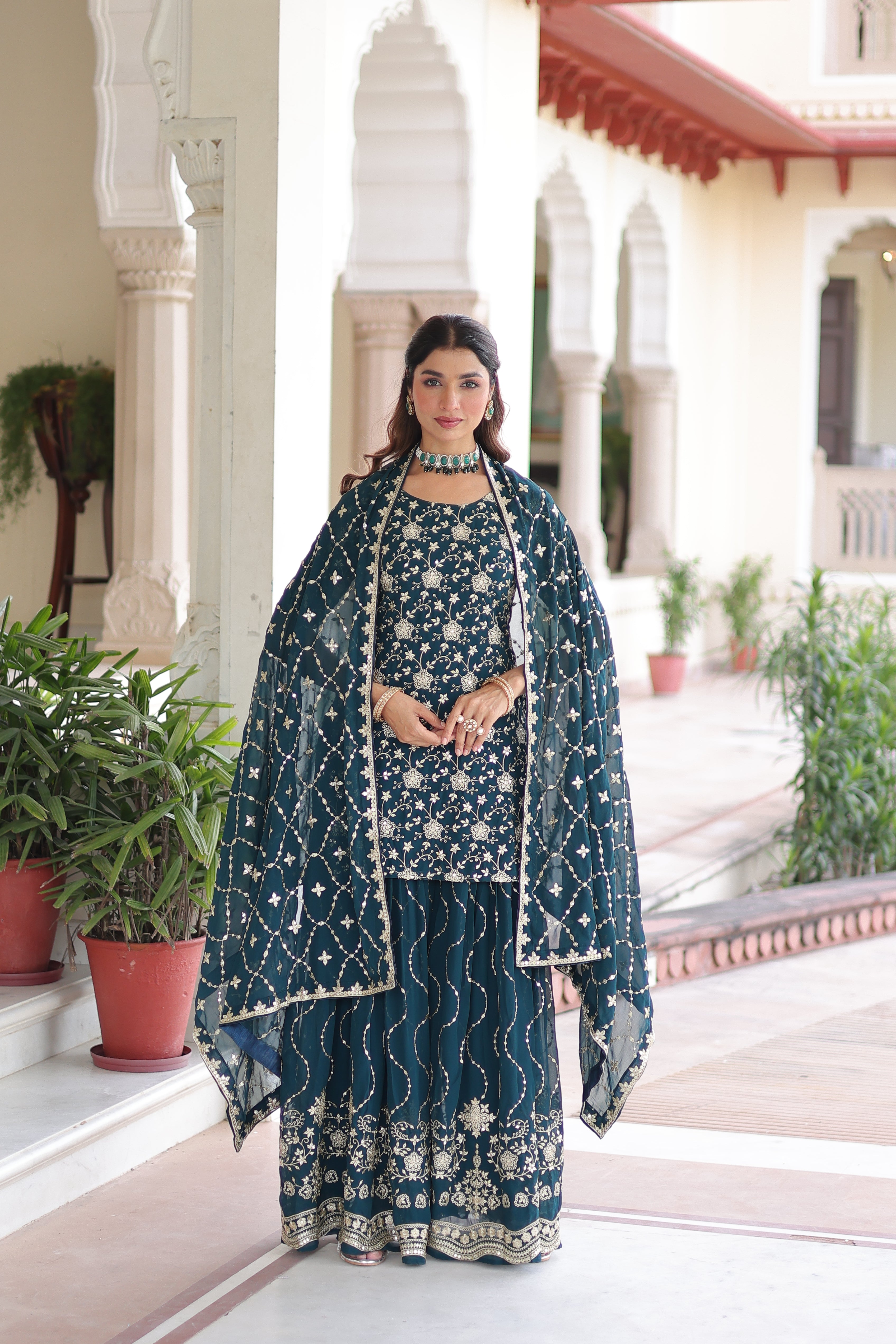 Georgette Sequins Embroidered Wedding Sharara Suit