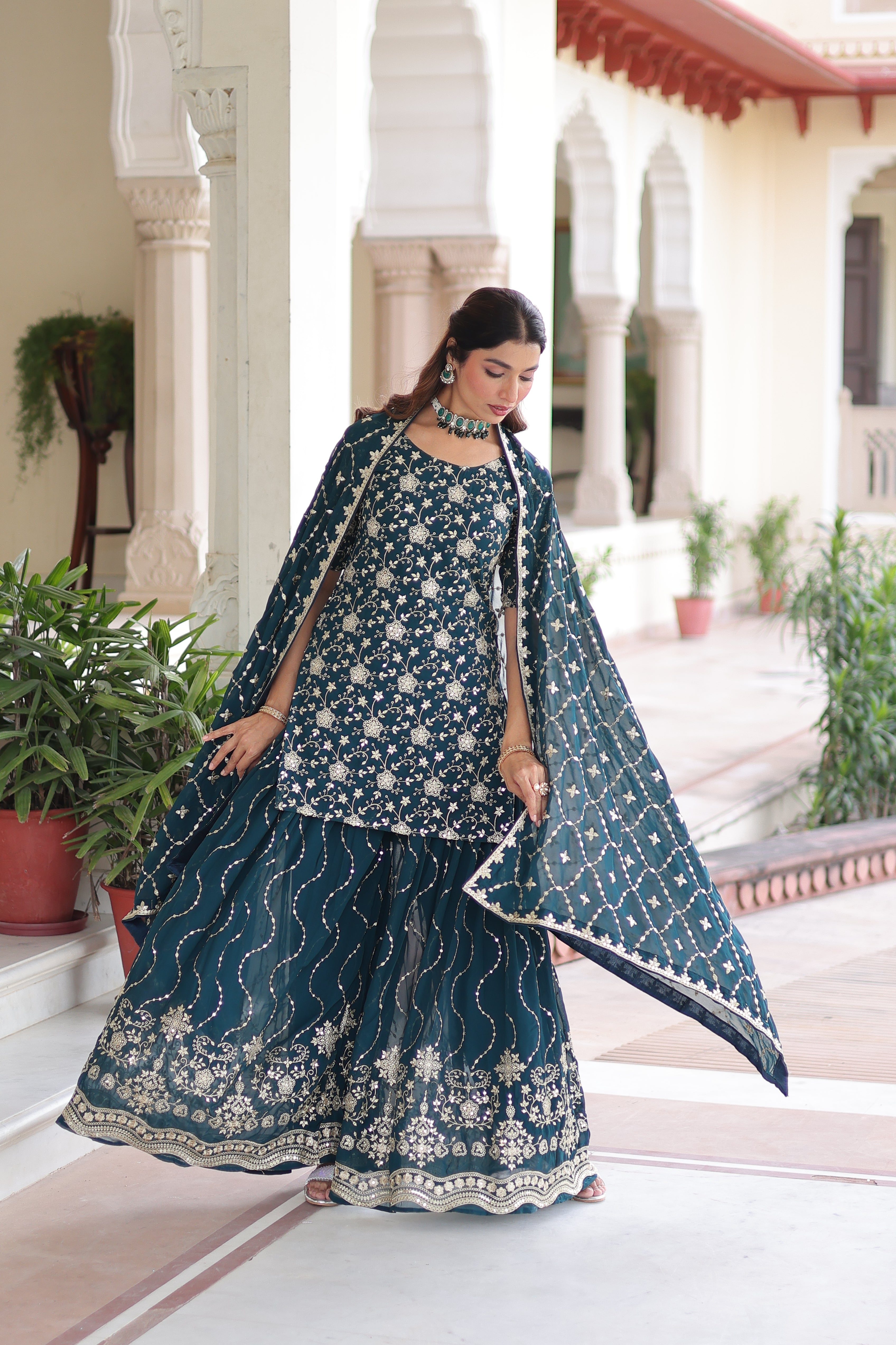 Georgette Sequins Embroidered Wedding Sharara Suit