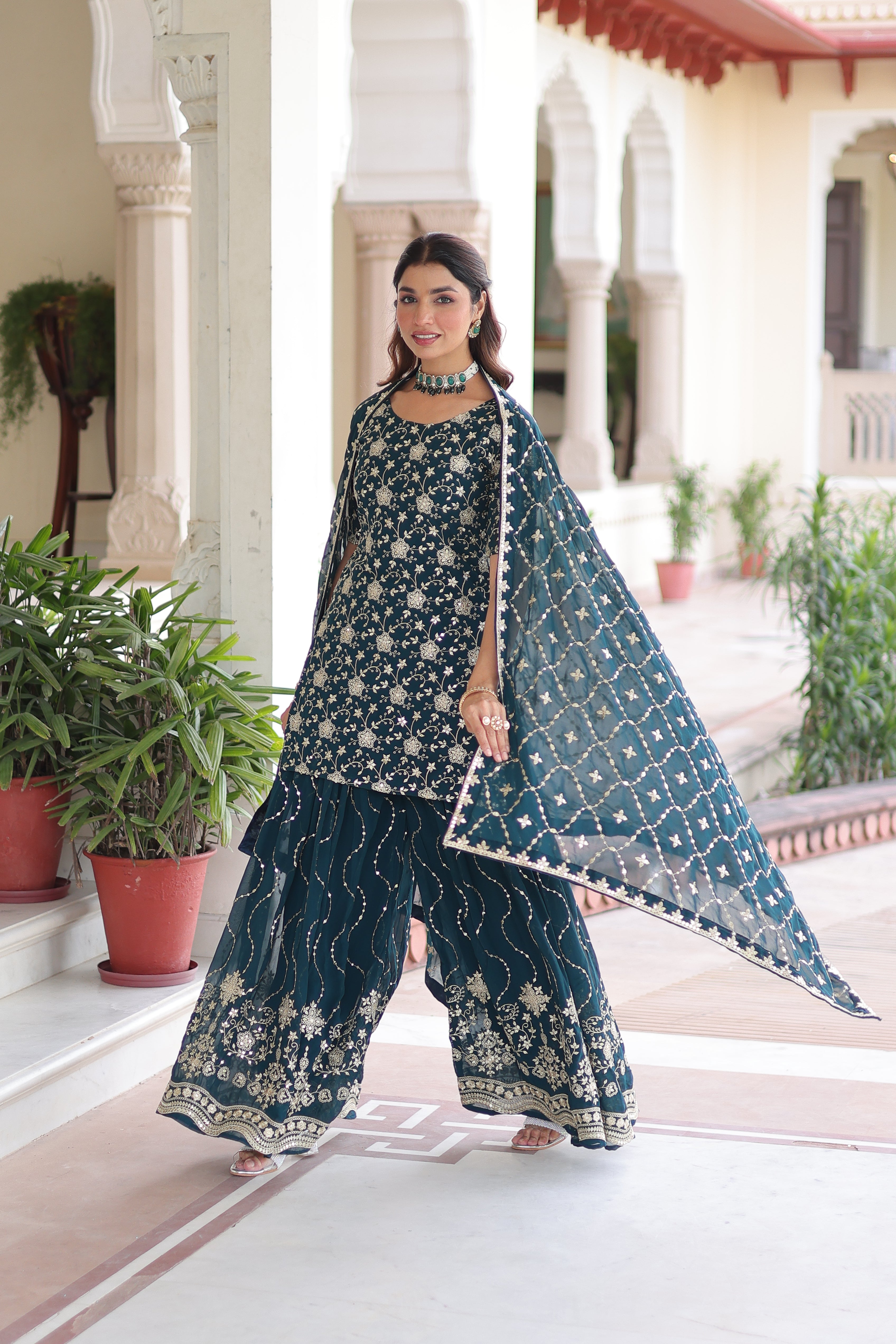 Georgette Sequins Embroidered Wedding Sharara Suit