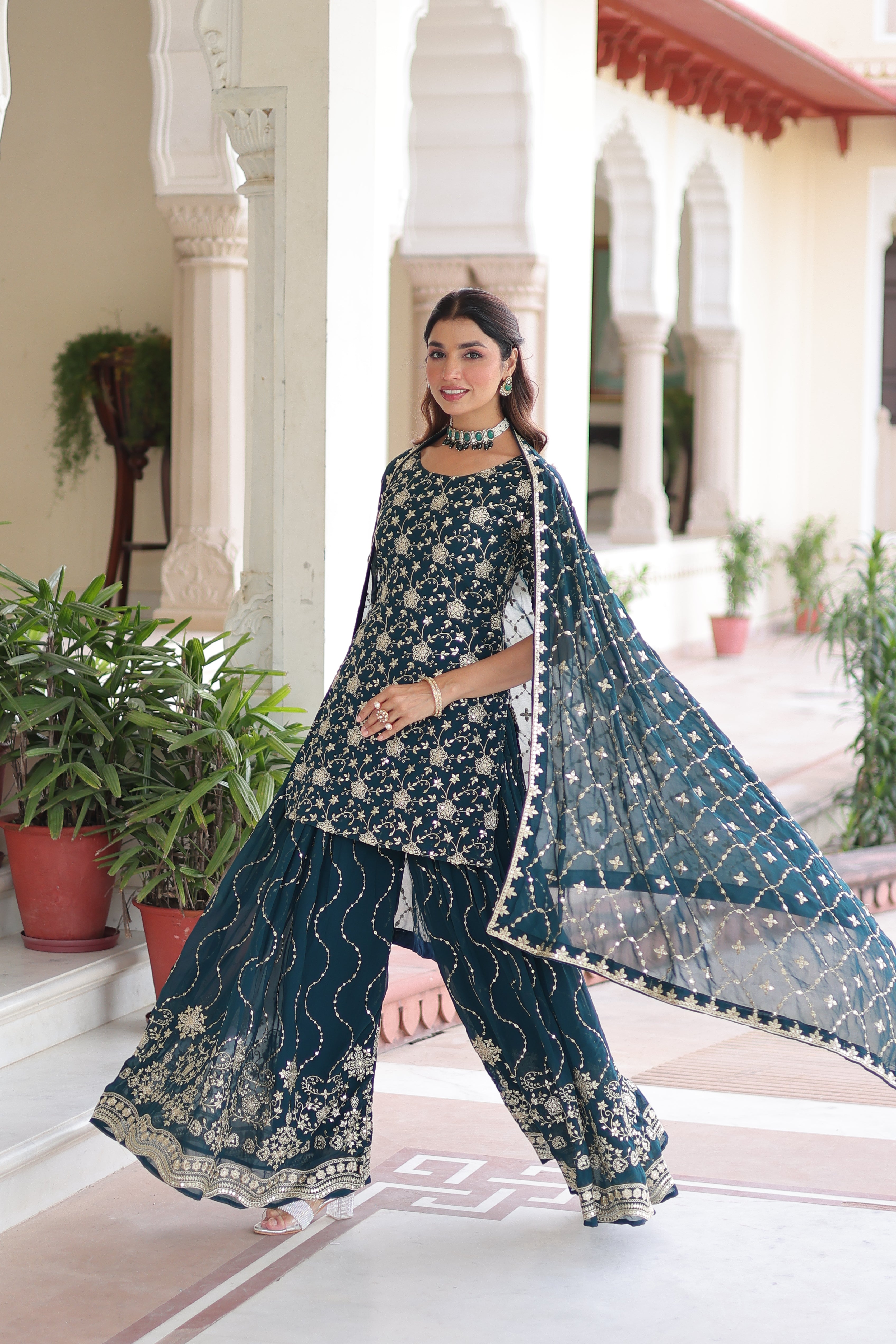 Georgette Sequins Embroidered Wedding Sharara Suit