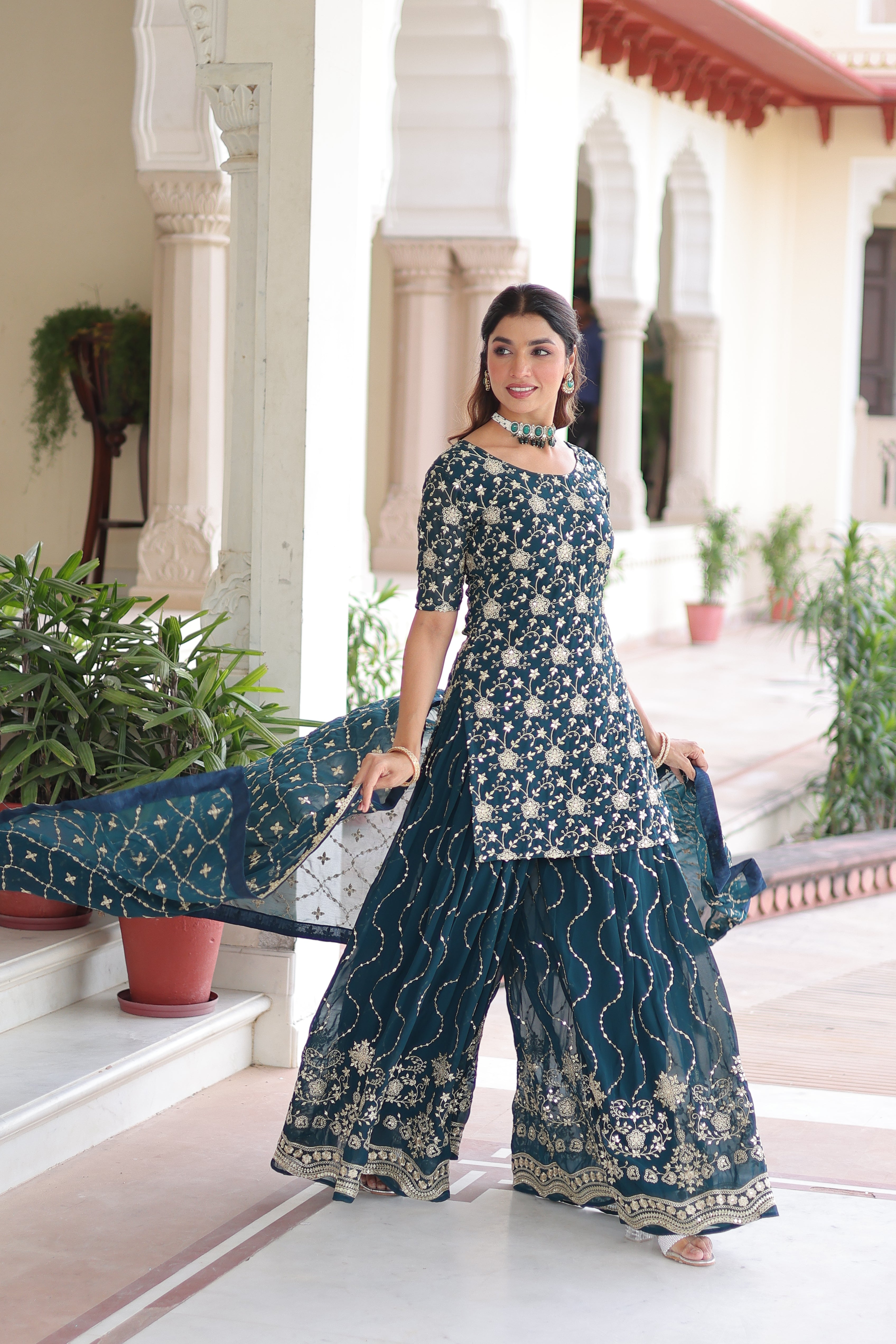 Georgette Sequins Embroidered Wedding Sharara Suit