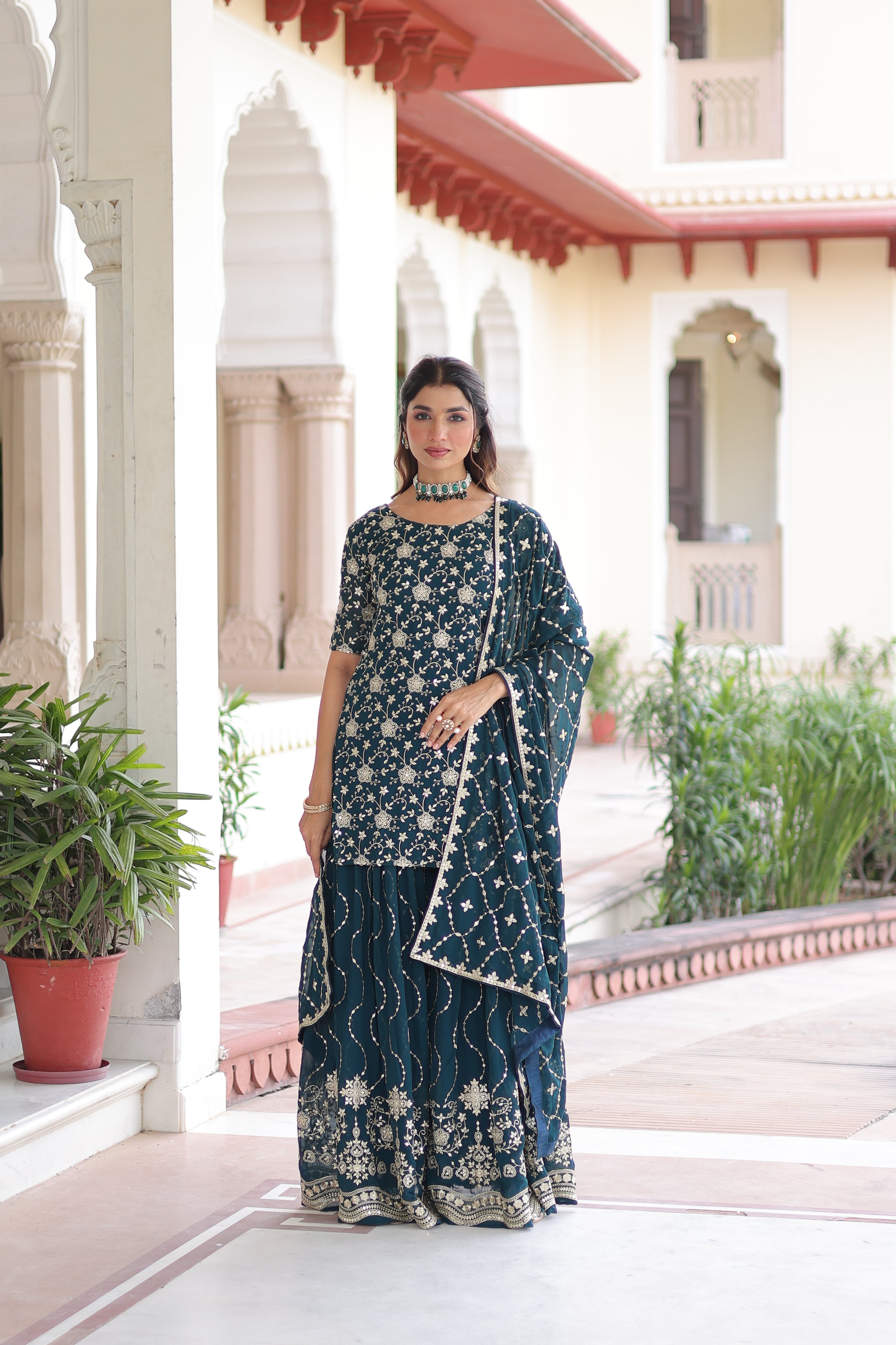 Georgette Sequins Embroidered Wedding Sharara Suit