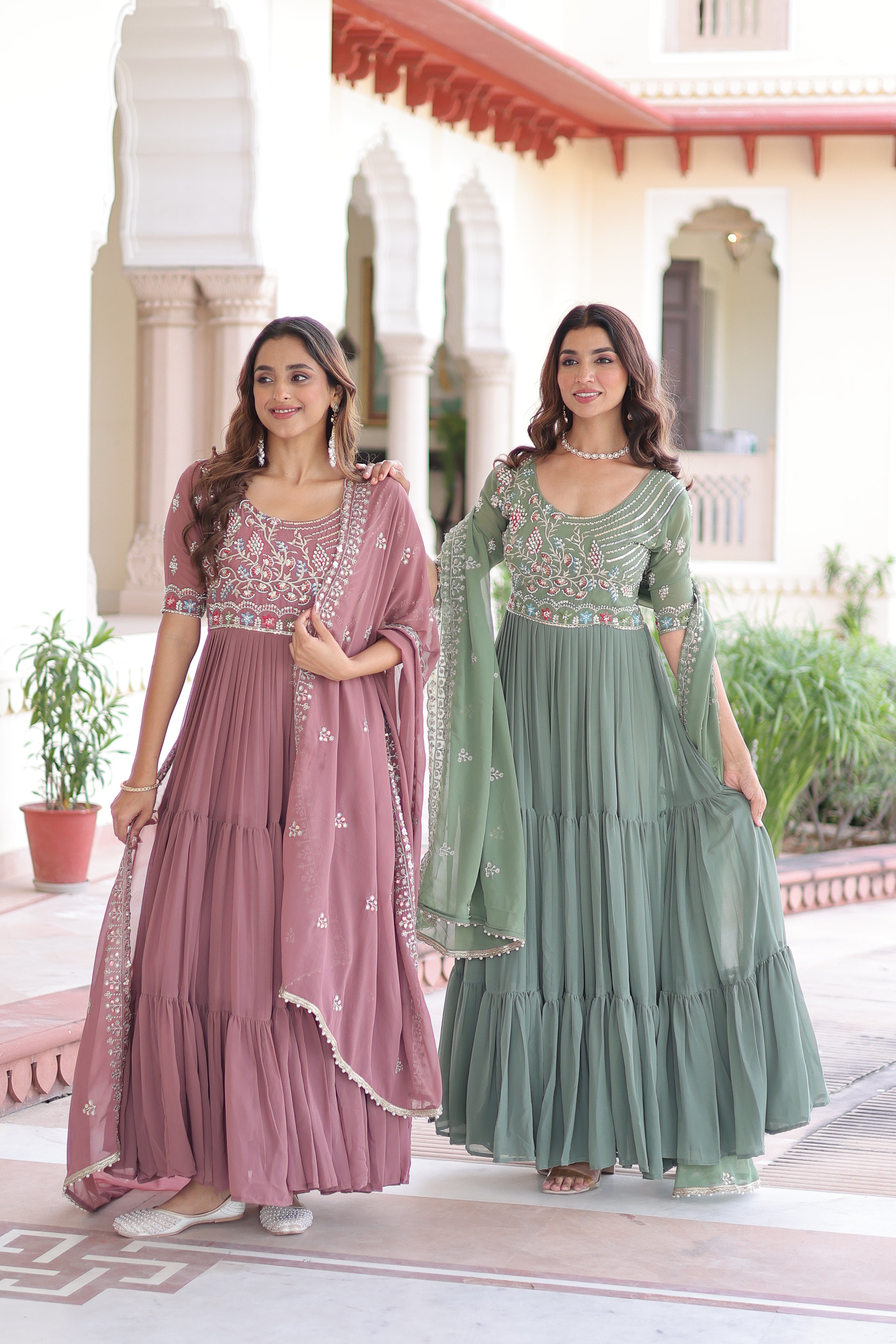 Georgette Sequins Festive Wear Gown With Dupatta