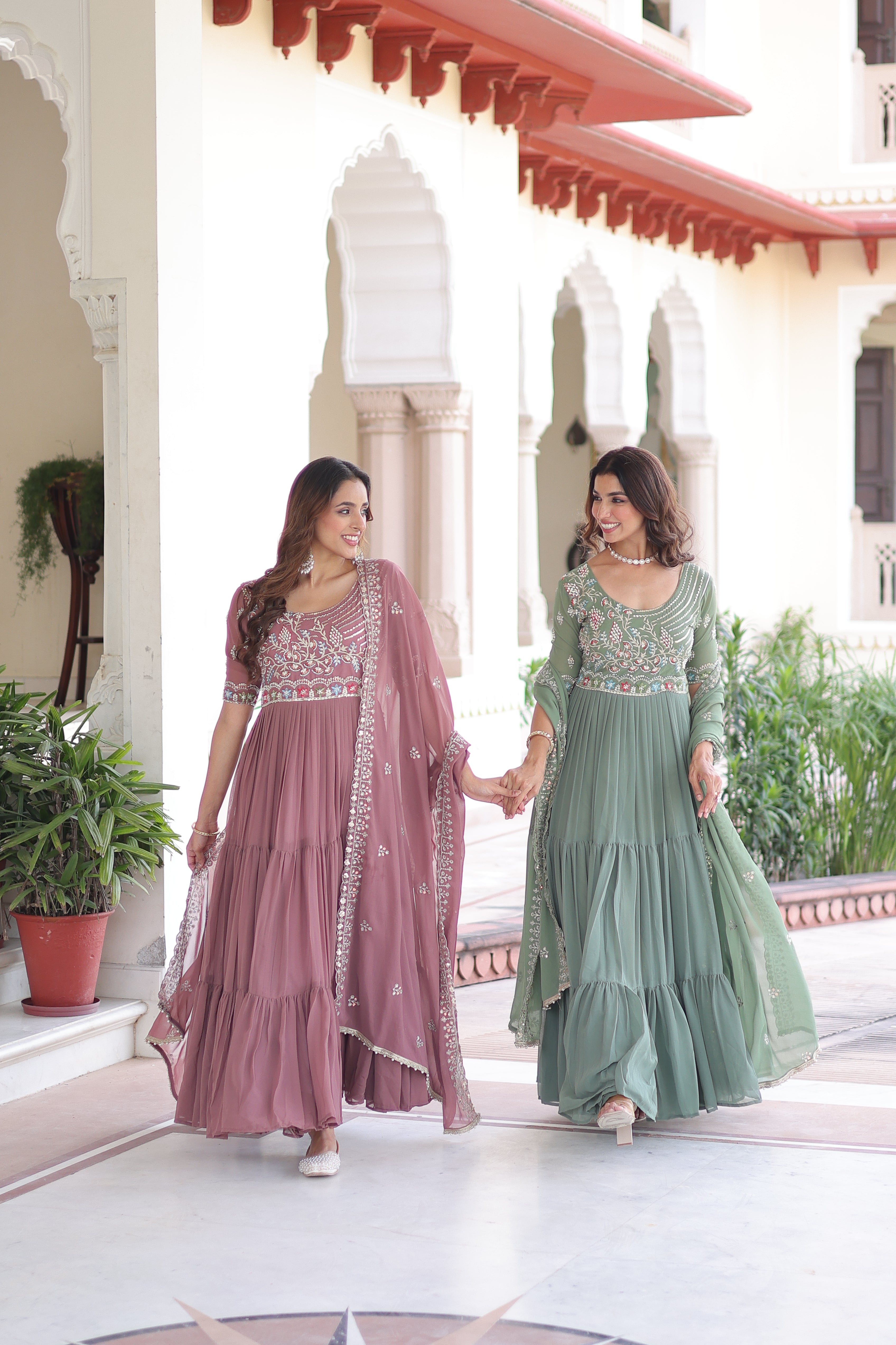 Georgette Sequins Festive Wear Gown With Dupatta