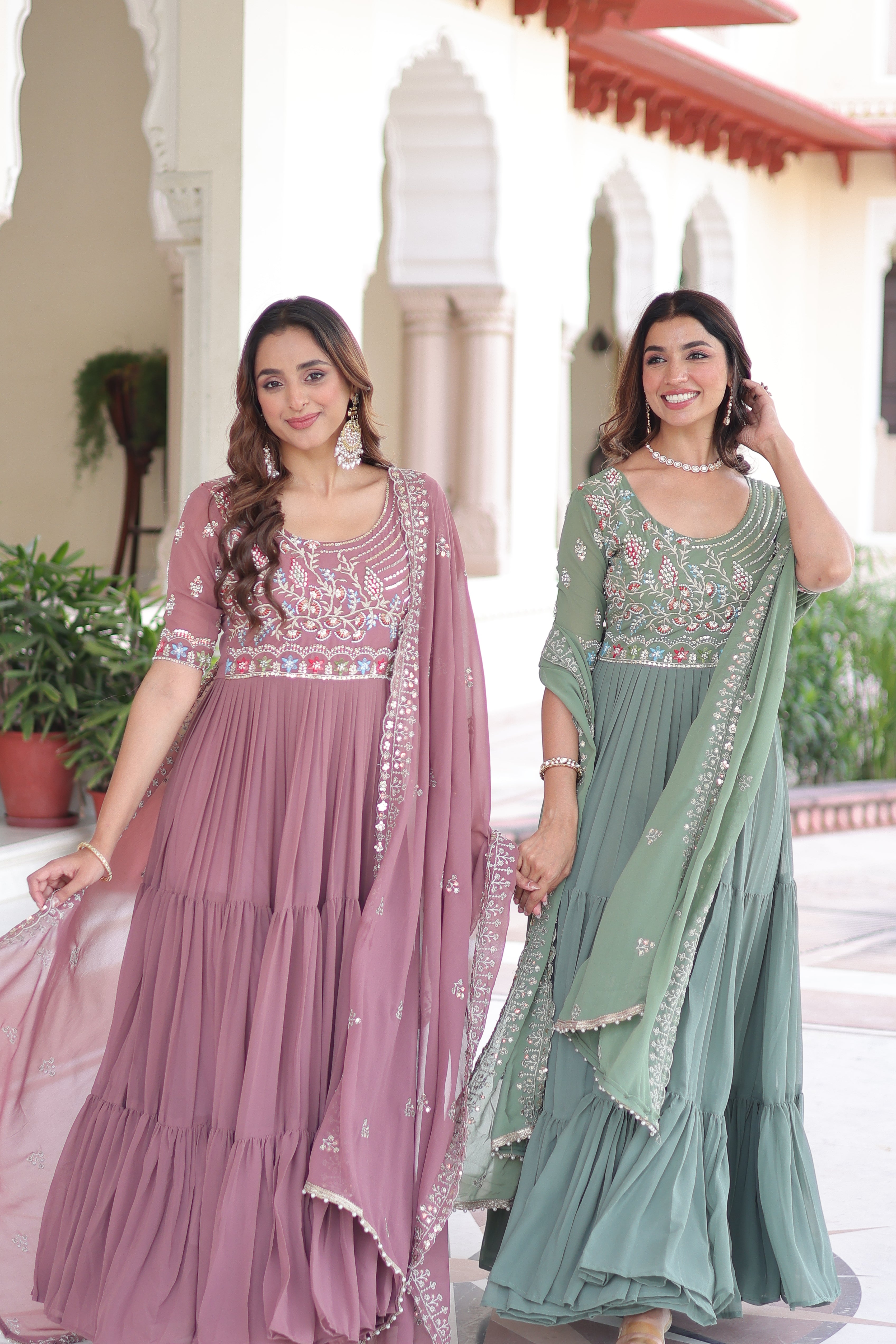 Georgette Sequins Festive Wear Gown With Dupatta