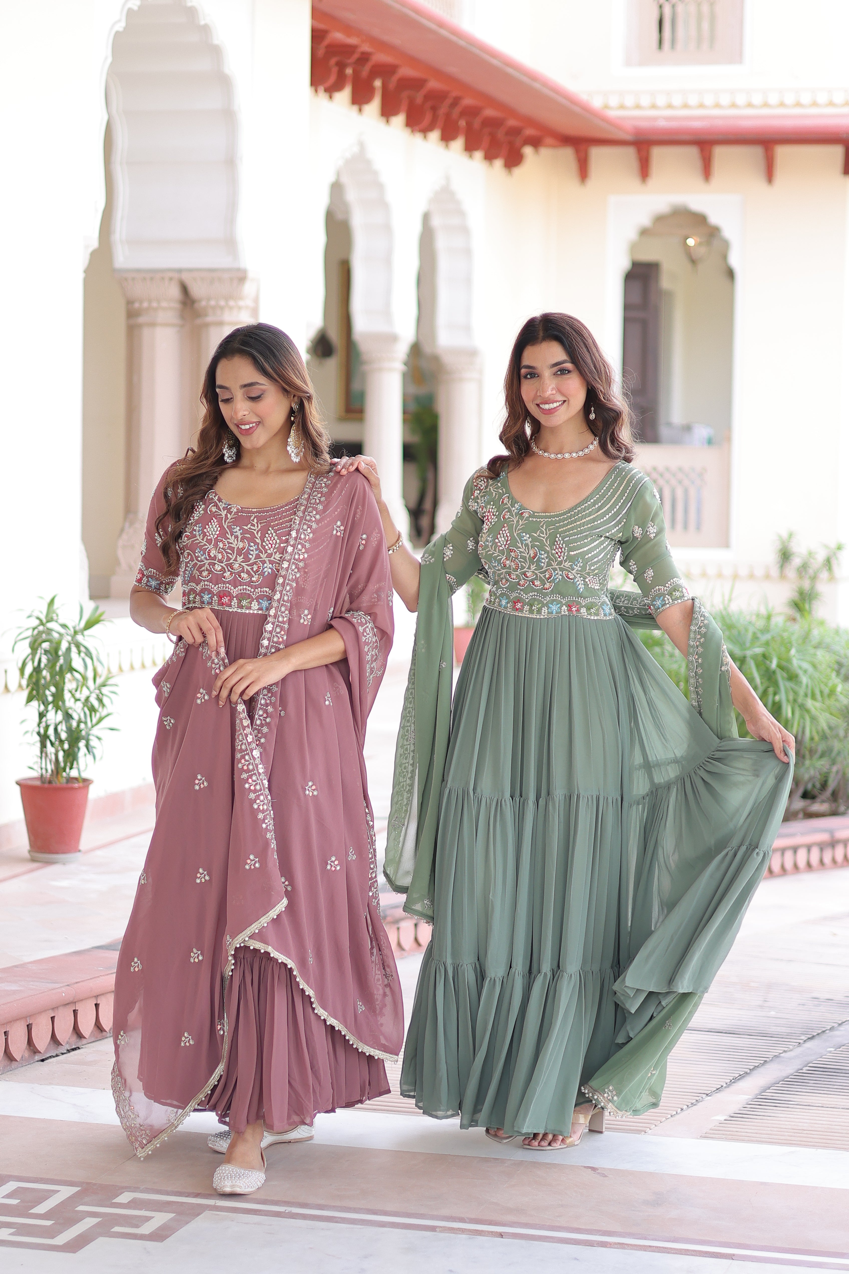 Georgette Sequins Festive Wear Gown With Dupatta