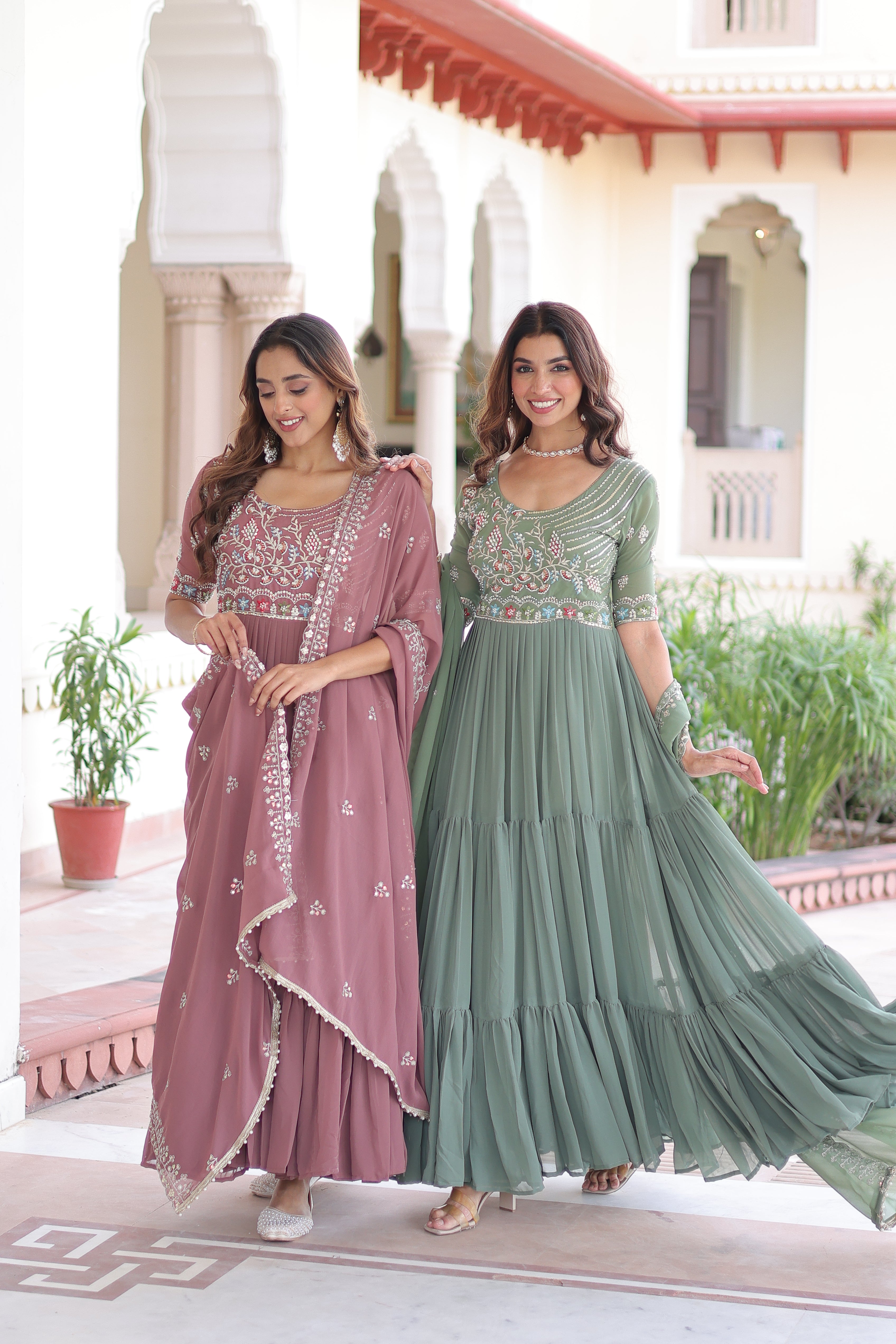 Georgette Sequins Festive Wear Gown With Dupatta