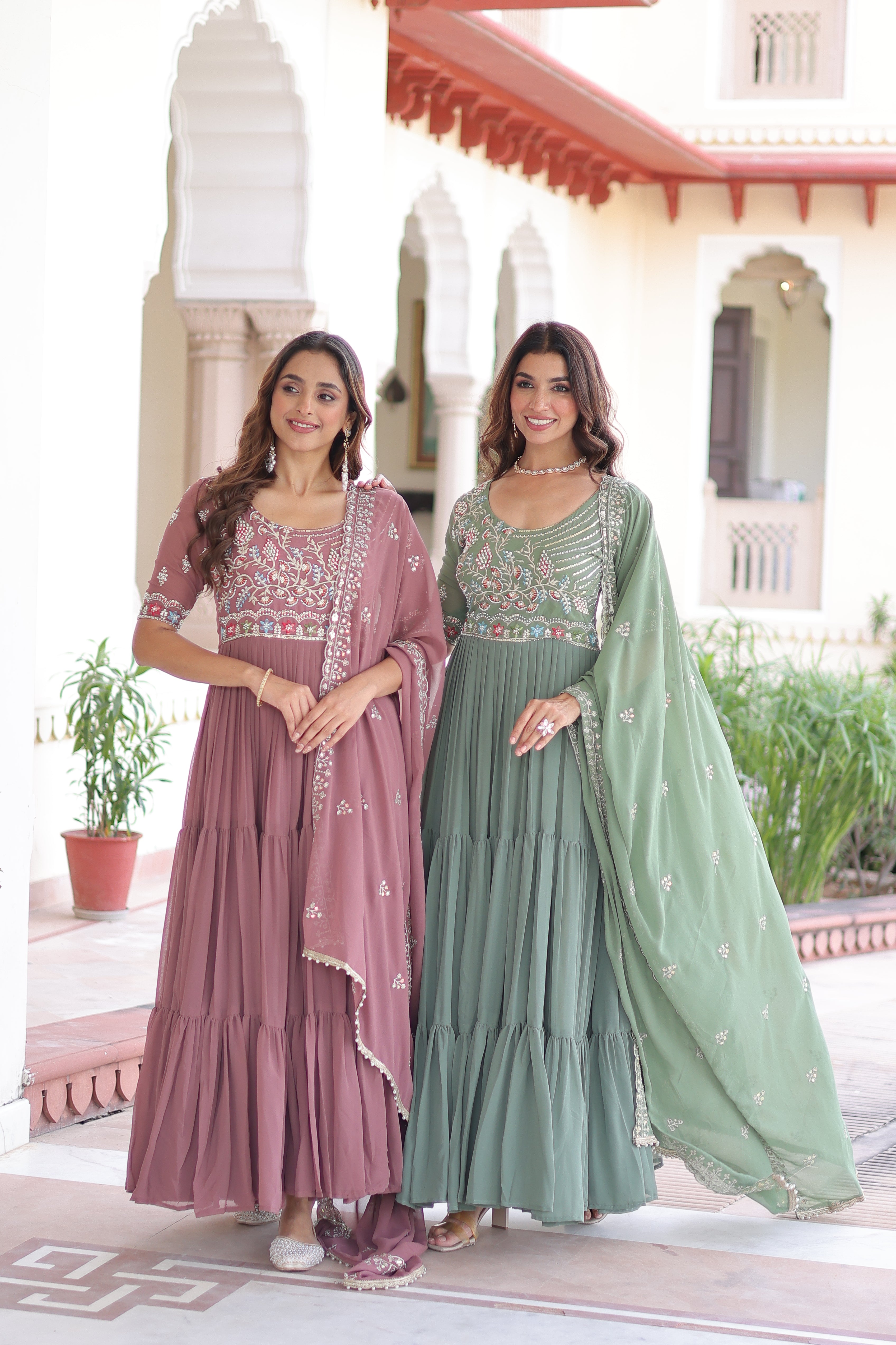 Georgette Sequins Festive Wear Gown With Dupatta