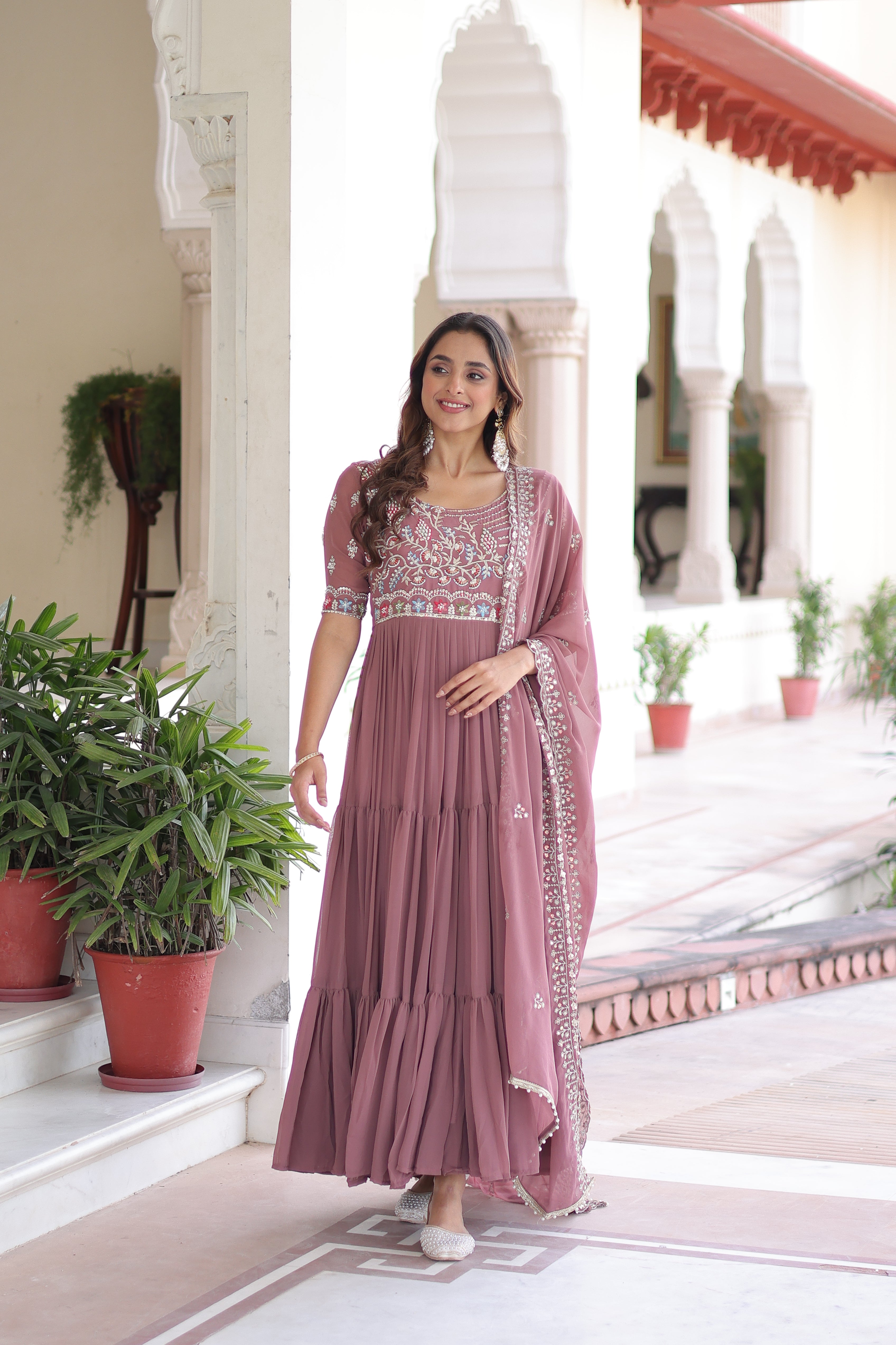 Georgette Sequins Festive Wear Gown With Dupatta