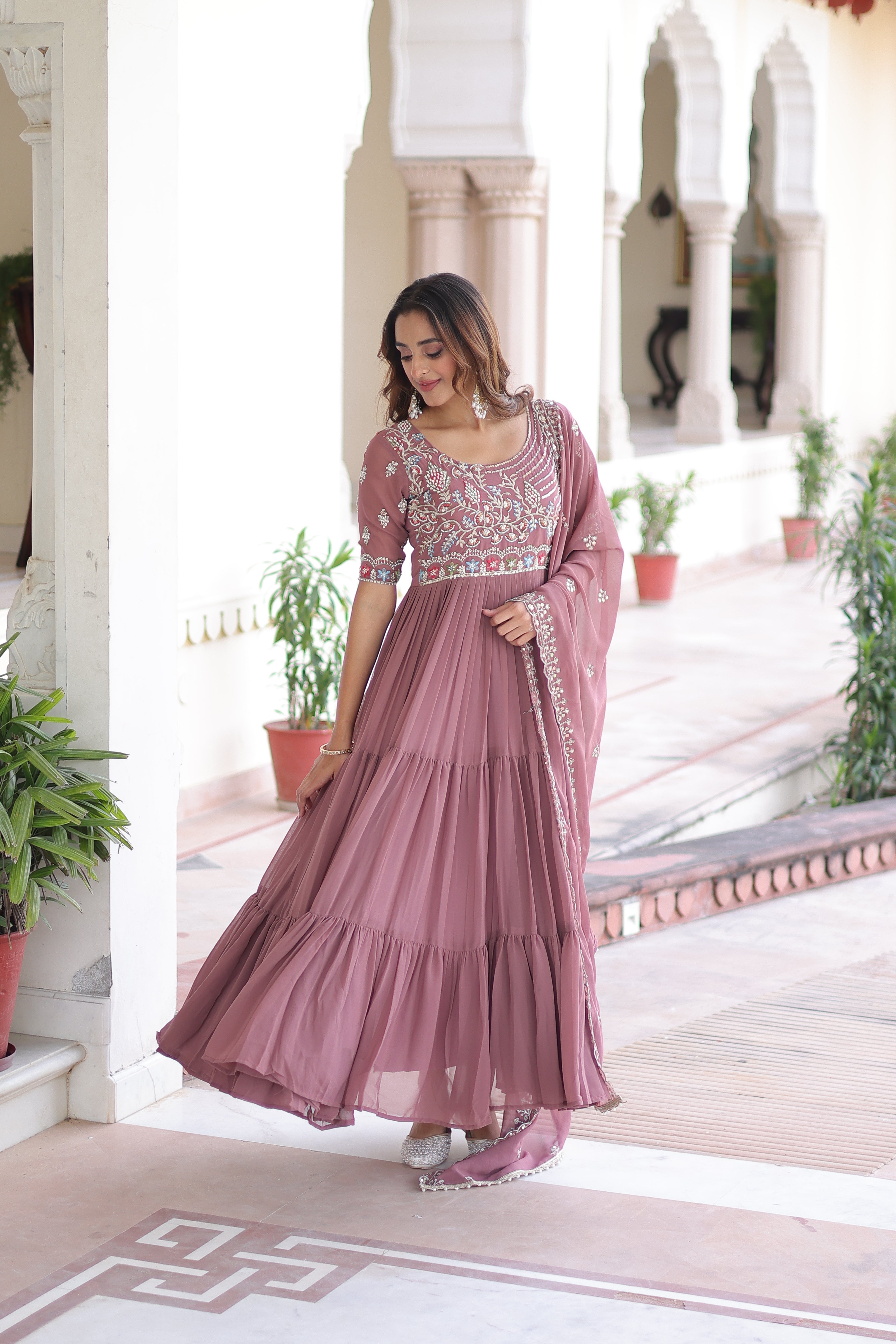 Georgette Sequins Festive Wear Gown With Dupatta
