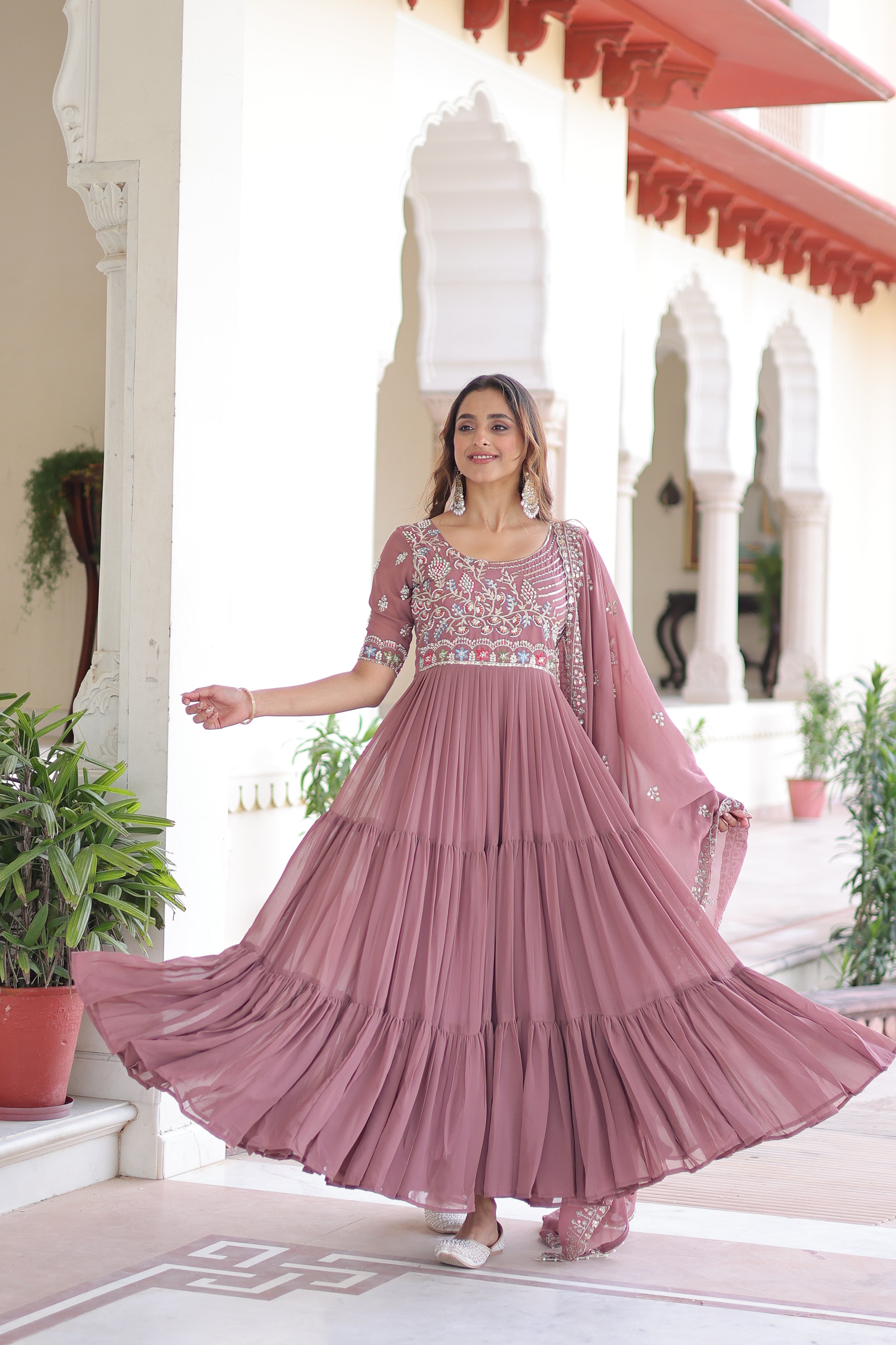 Georgette Sequins Festive Wear Gown With Dupatta