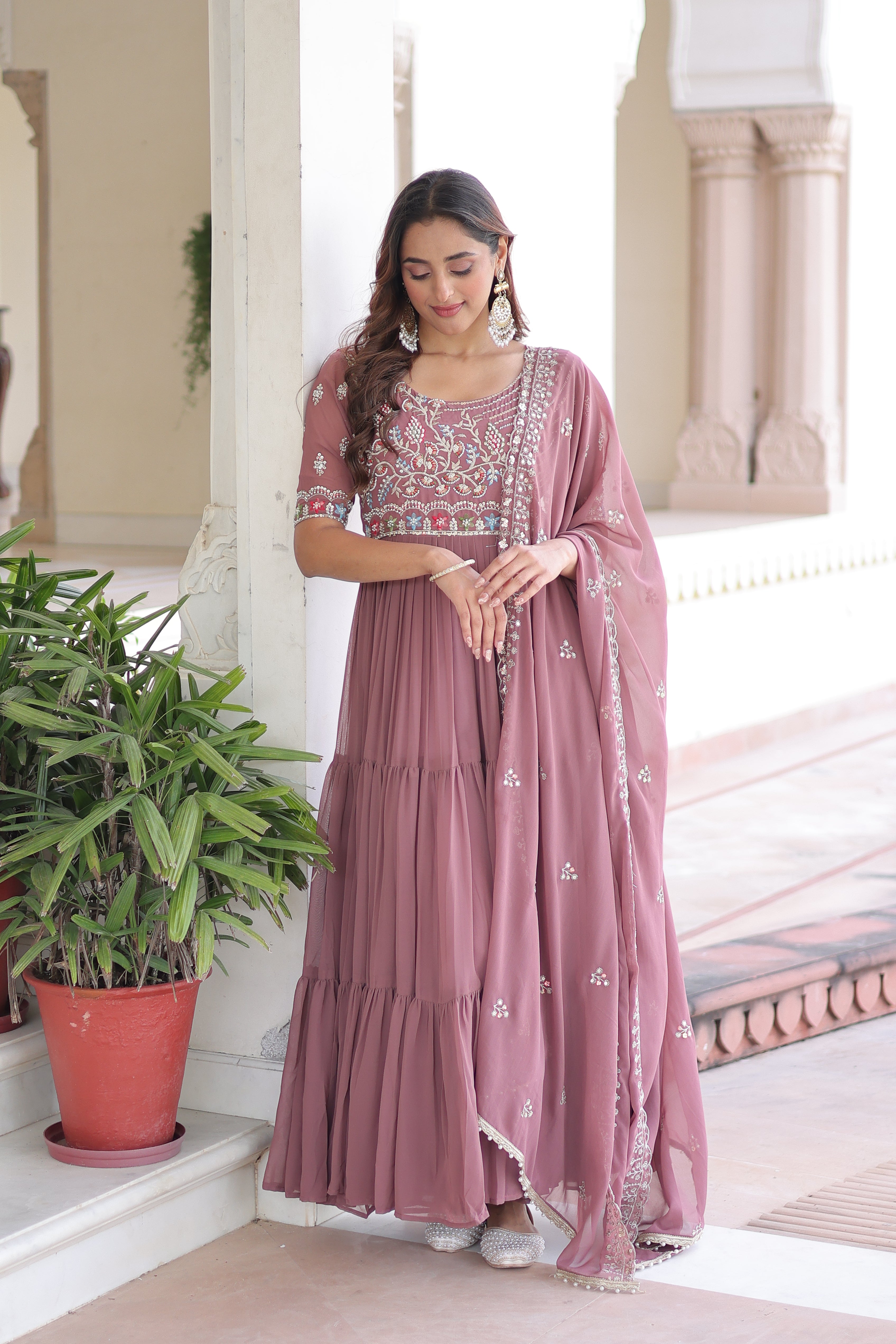 Georgette Sequins Festive Wear Gown With Dupatta