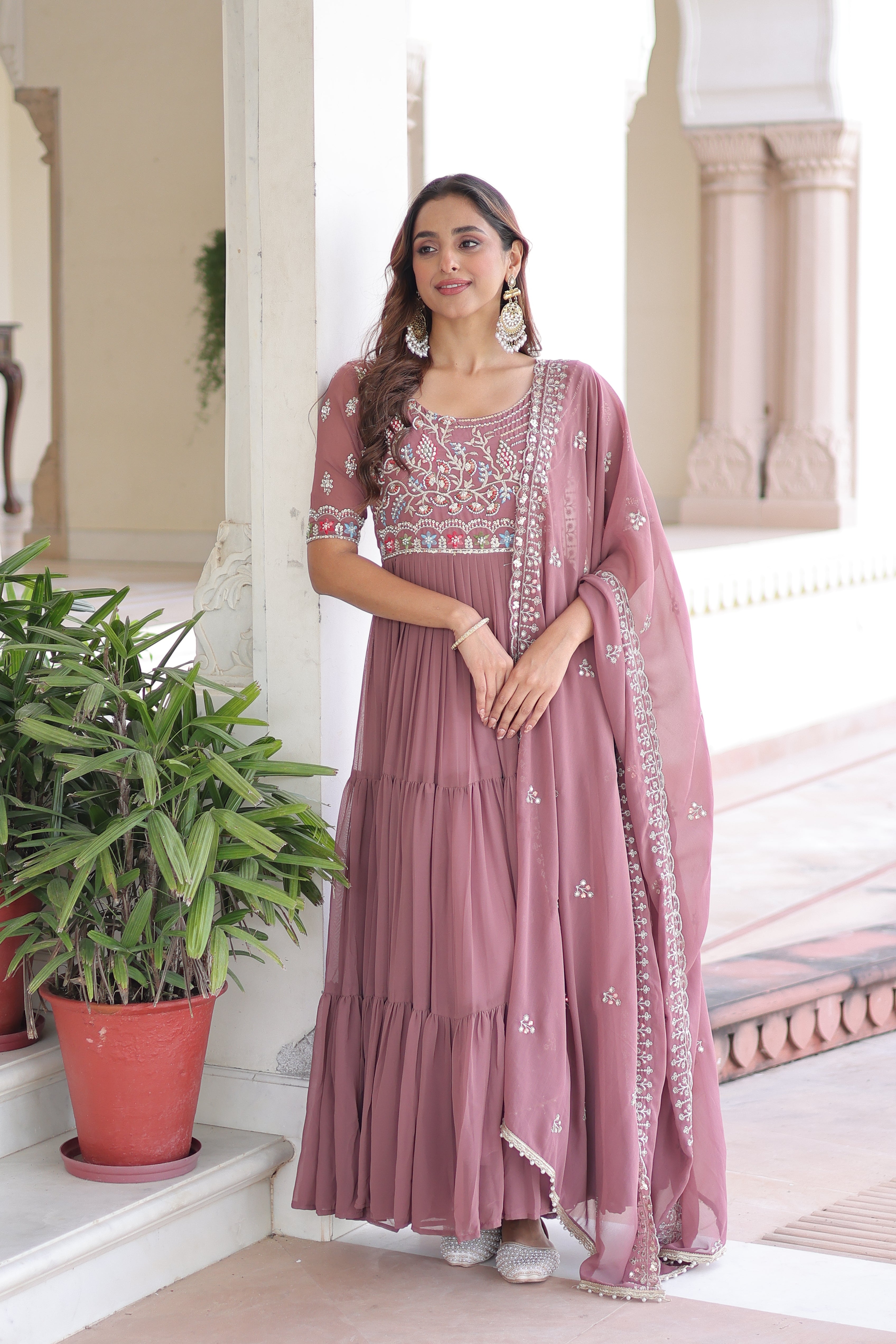 Georgette Sequins Festive Wear Gown With Dupatta
