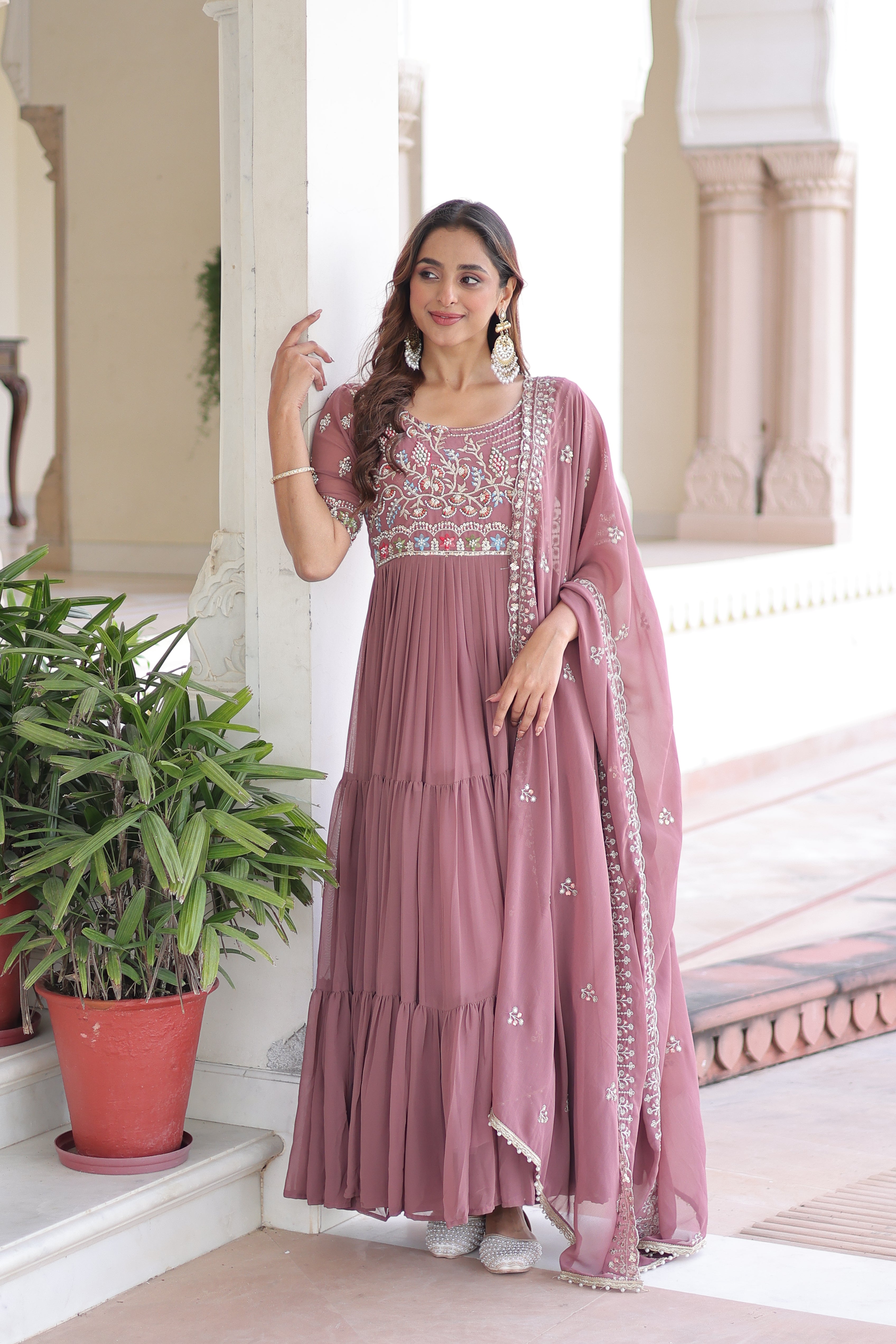 Georgette Sequins Festive Wear Gown With Dupatta