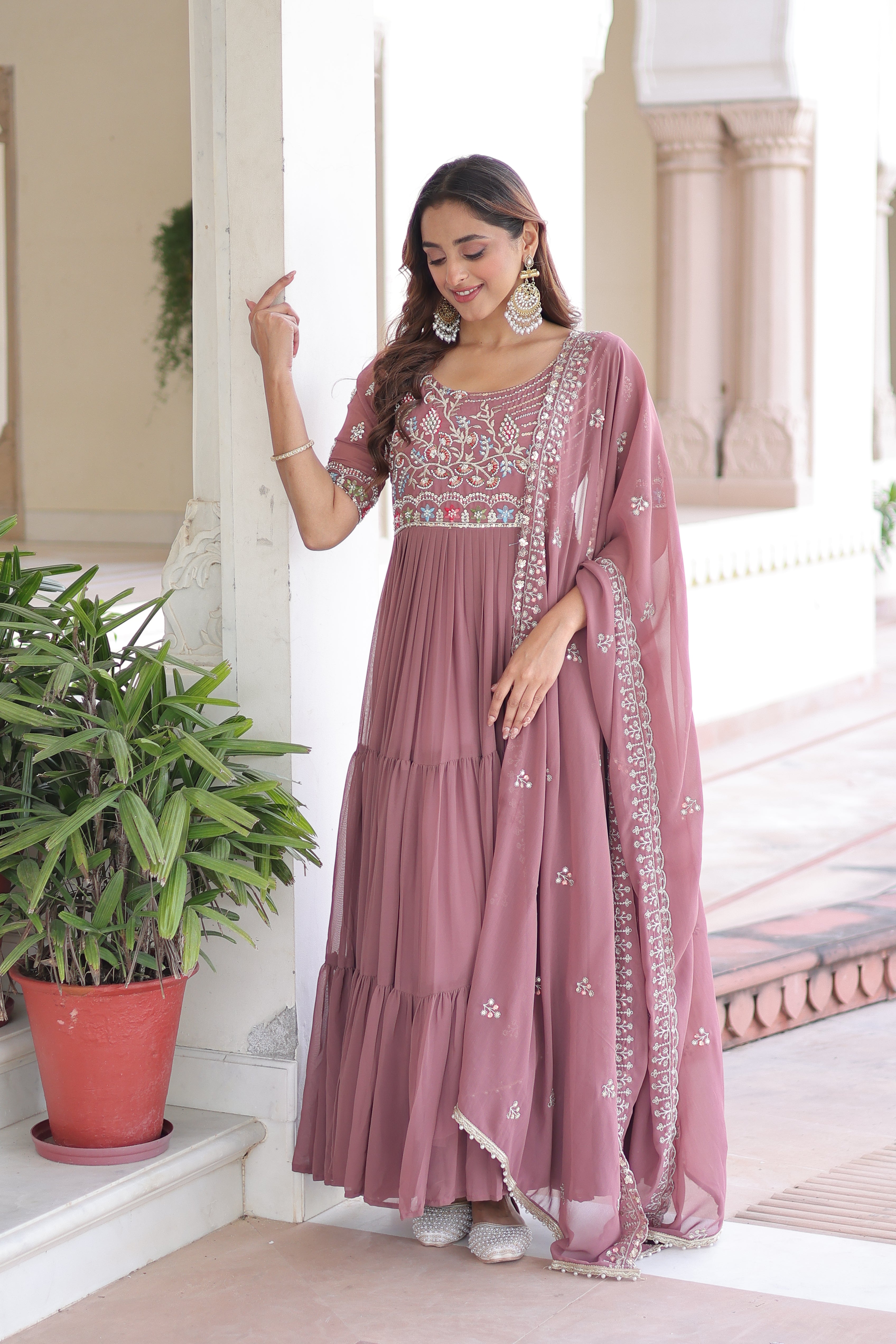 Georgette Sequins Festive Wear Gown With Dupatta