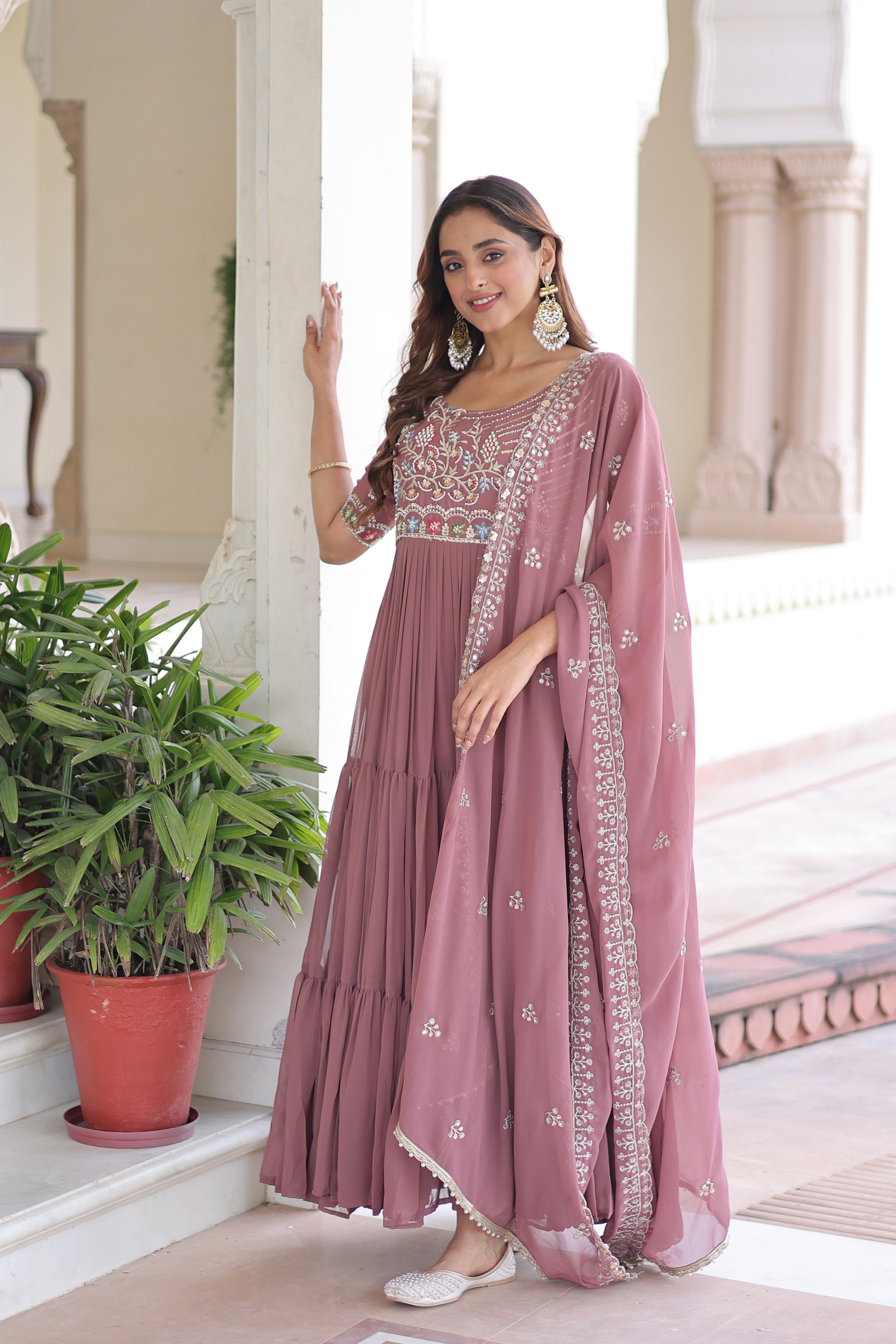Georgette Sequins Festive Wear Gown With Dupatta