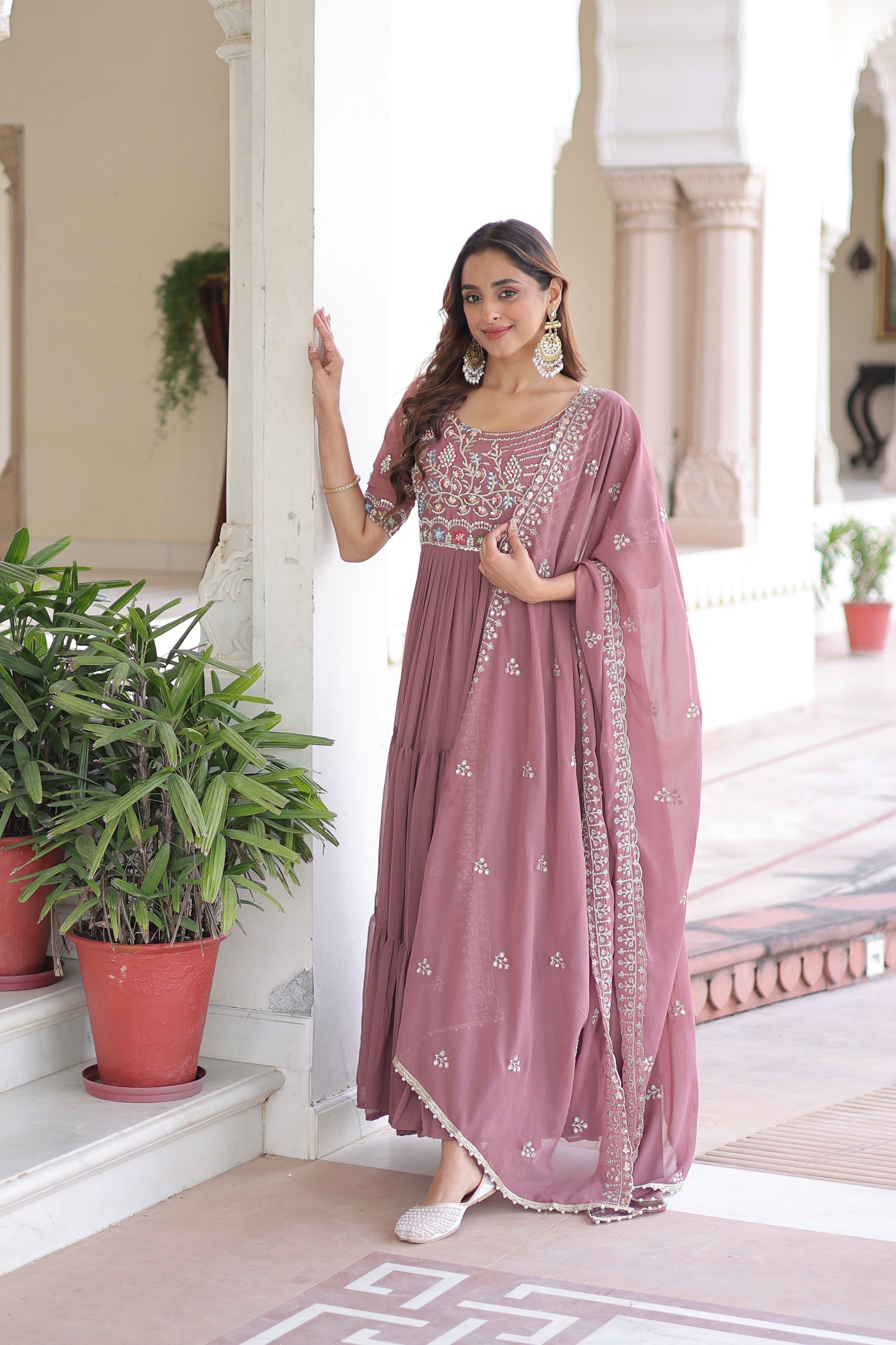 Georgette Sequins Festive Wear Gown With Dupatta