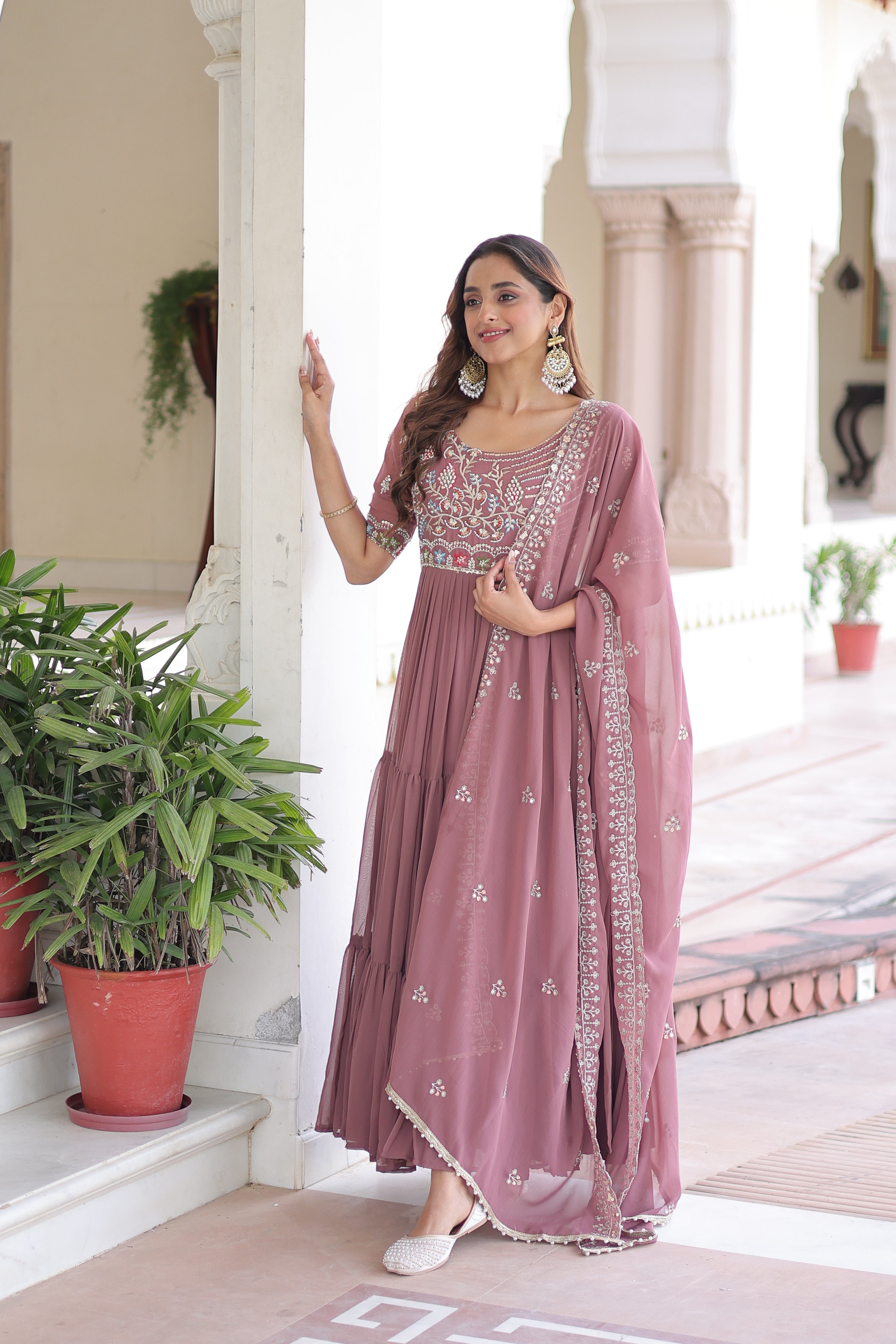 Georgette Sequins Festive Wear Gown With Dupatta