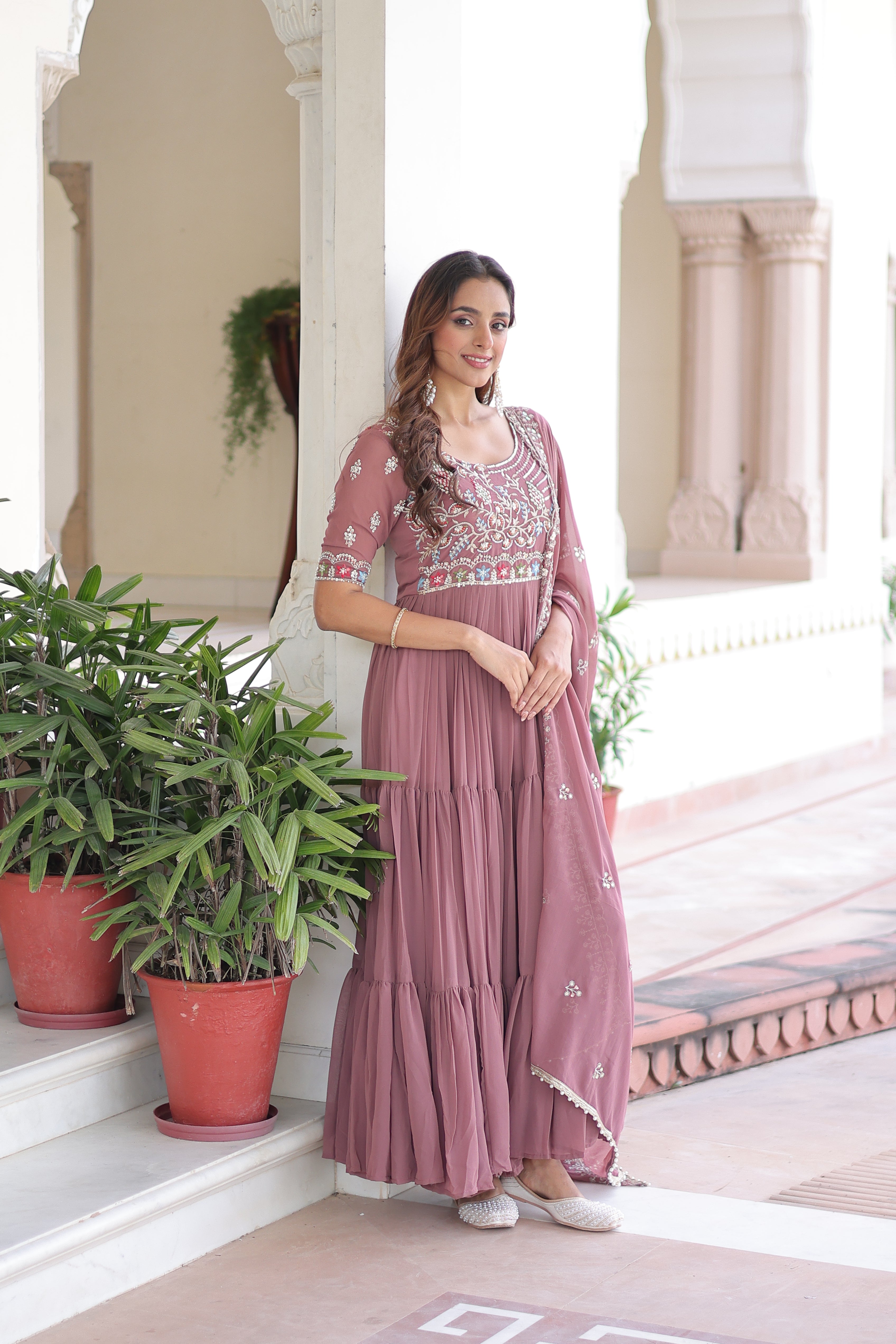 Georgette Sequins Festive Wear Gown With Dupatta