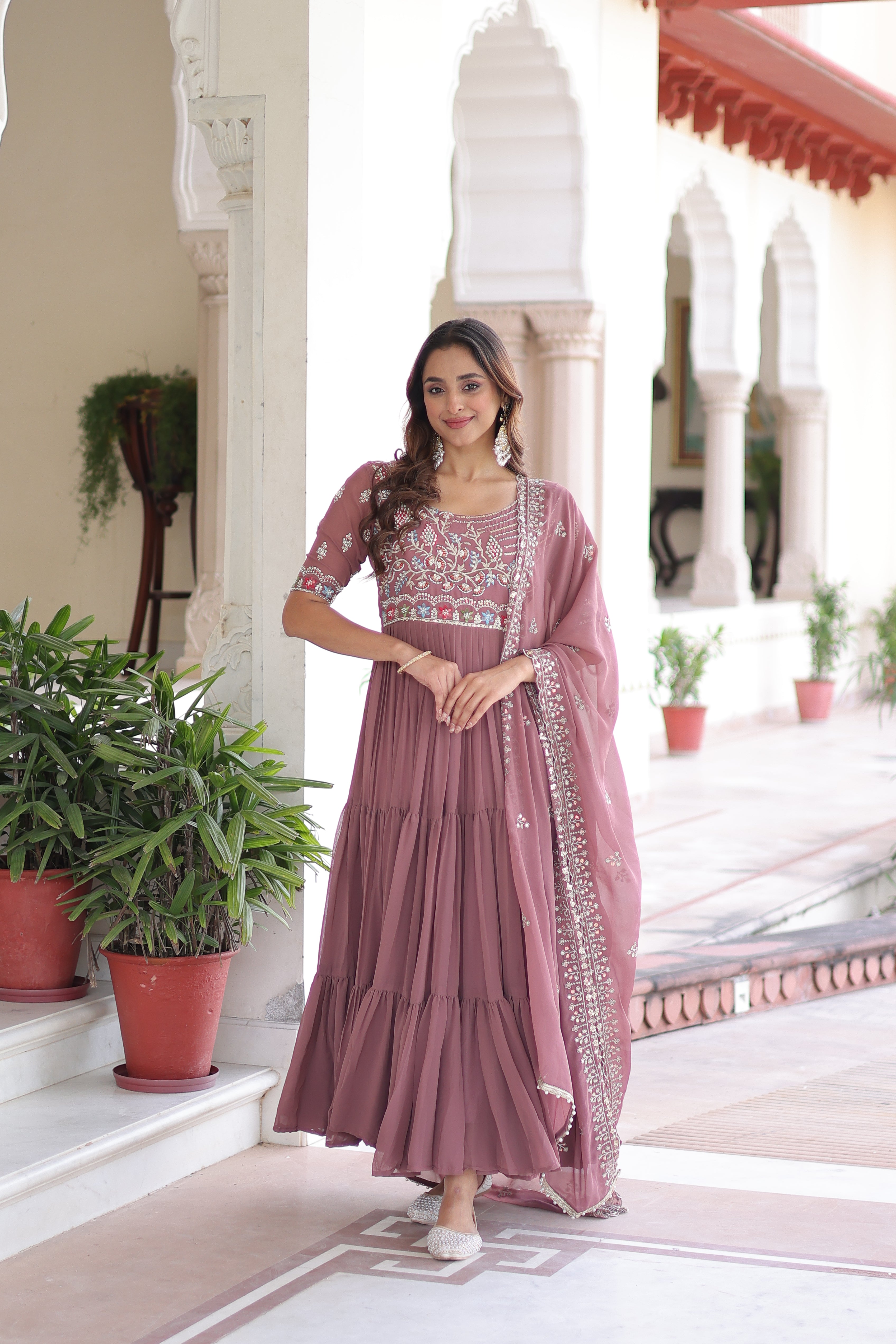 Georgette Sequins Festive Wear Gown With Dupatta