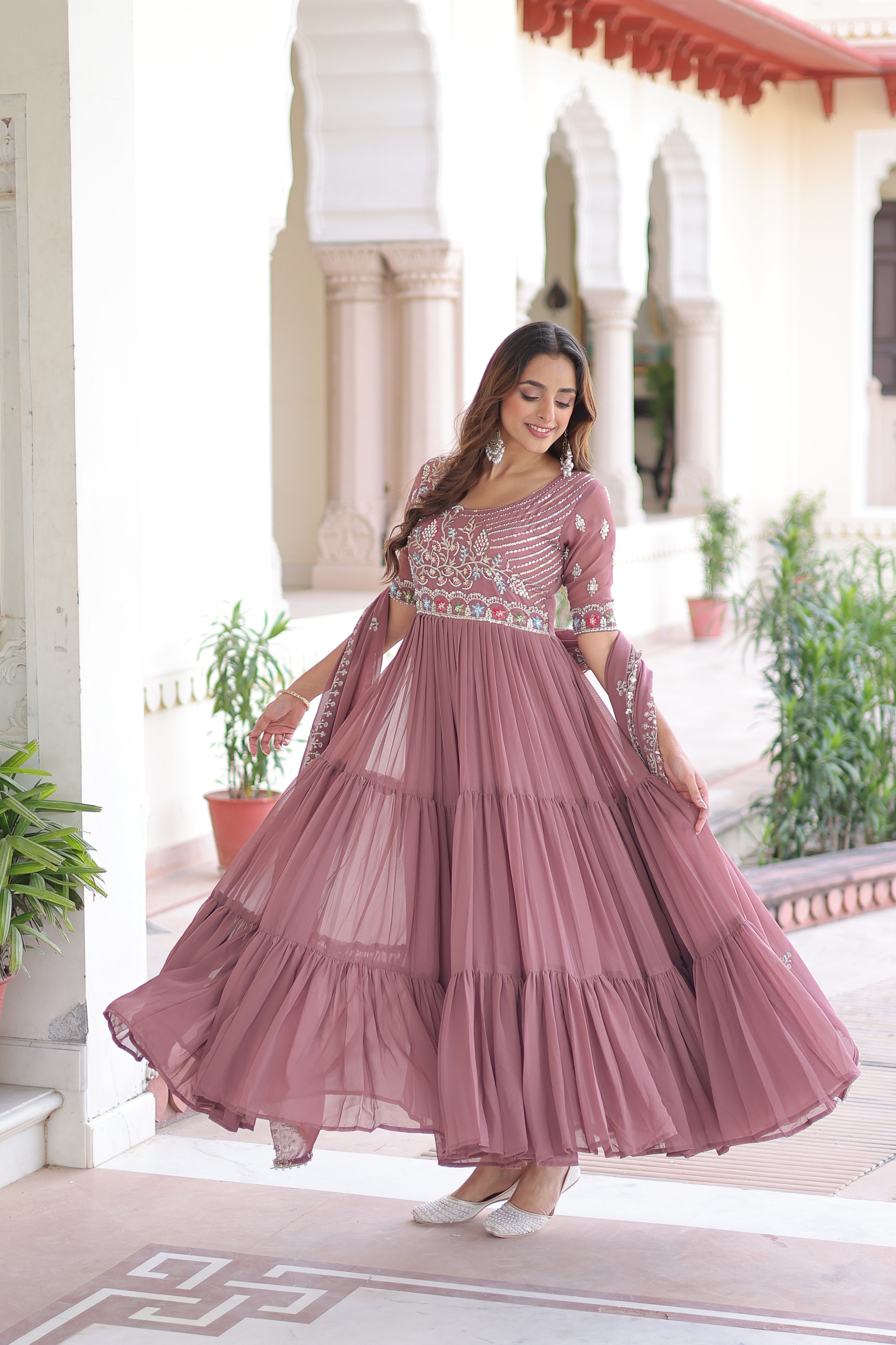 Georgette Sequins Festive Wear Gown With Dupatta
