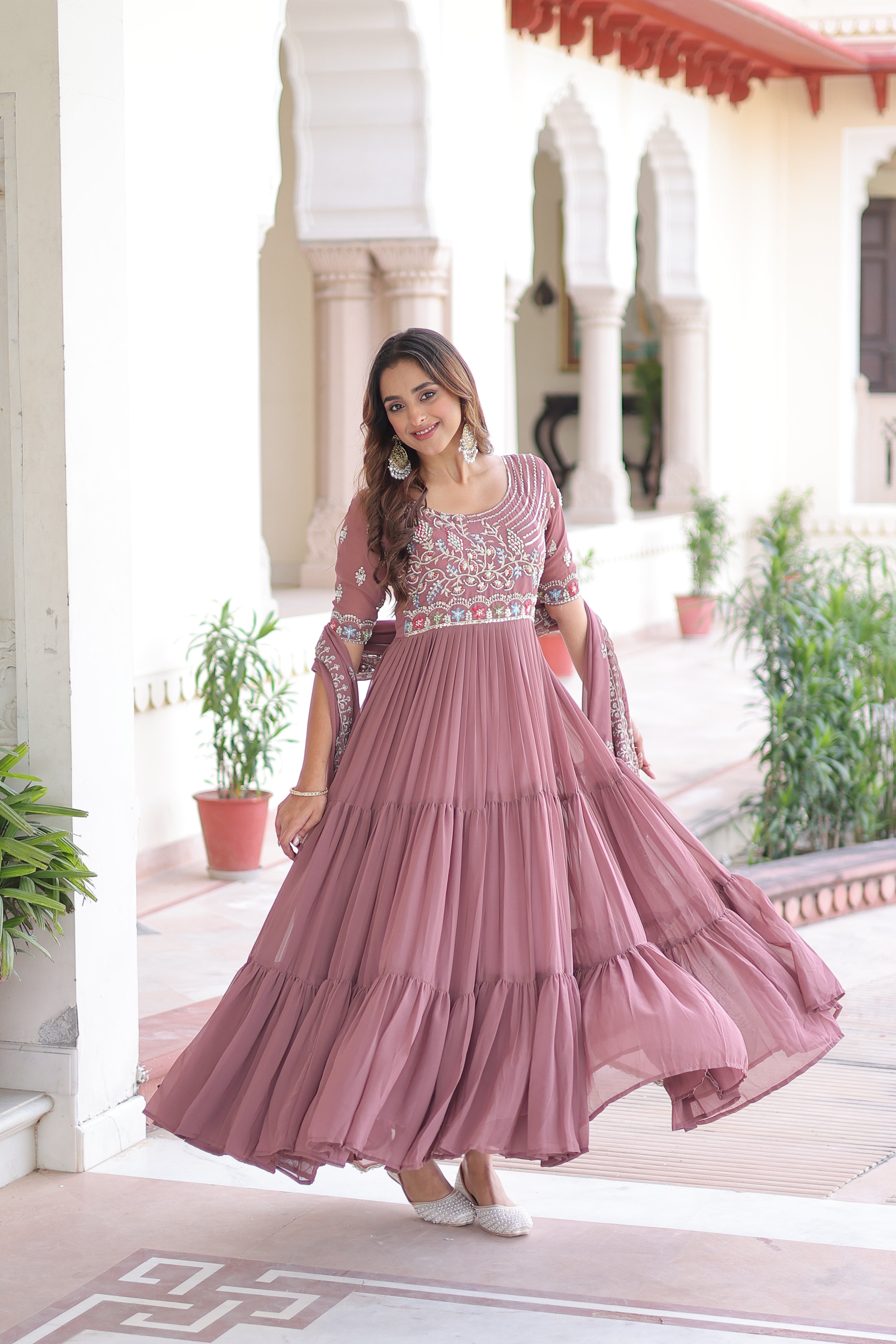 Georgette Sequins Festive Wear Gown With Dupatta