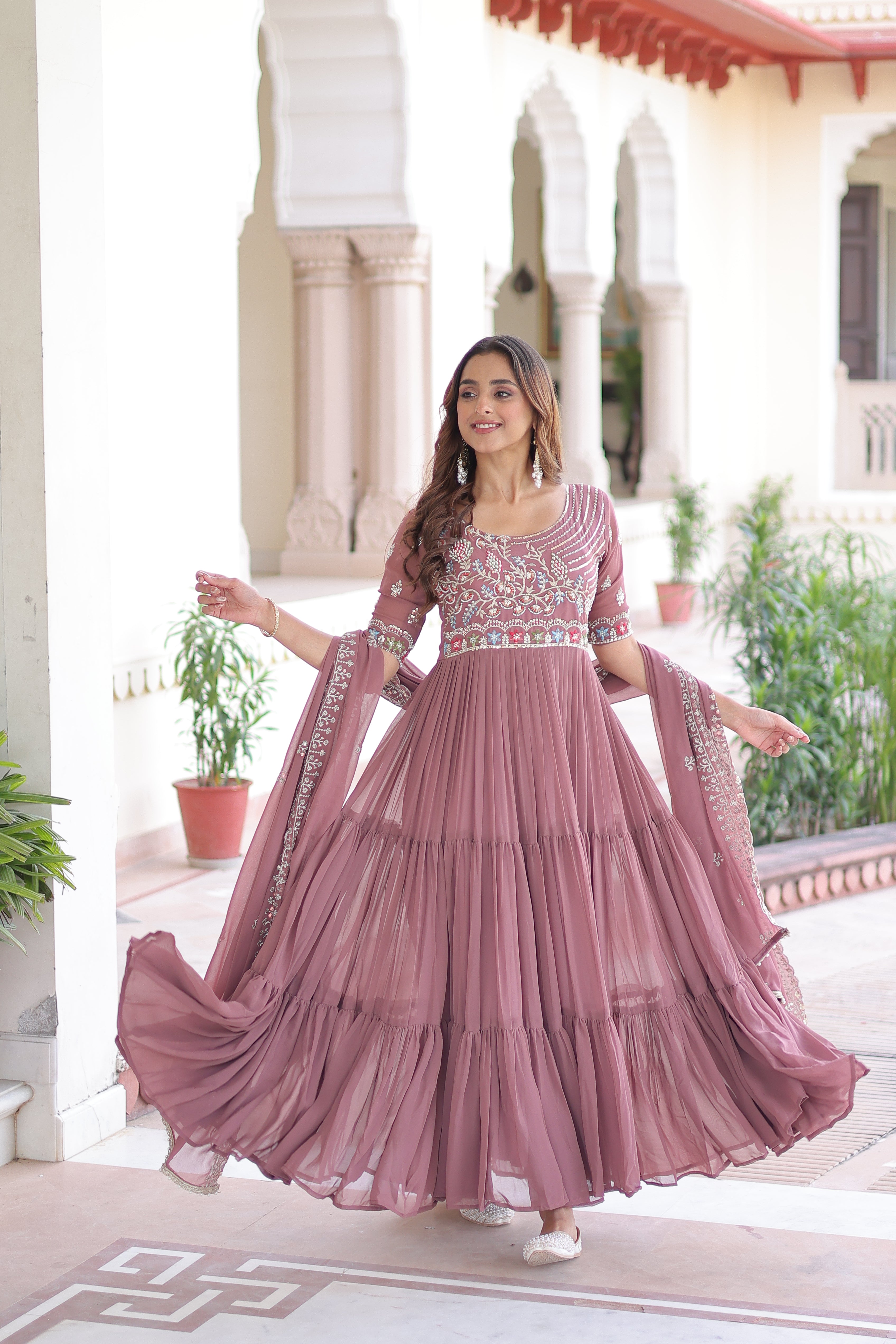 Georgette Sequins Festive Wear Gown With Dupatta