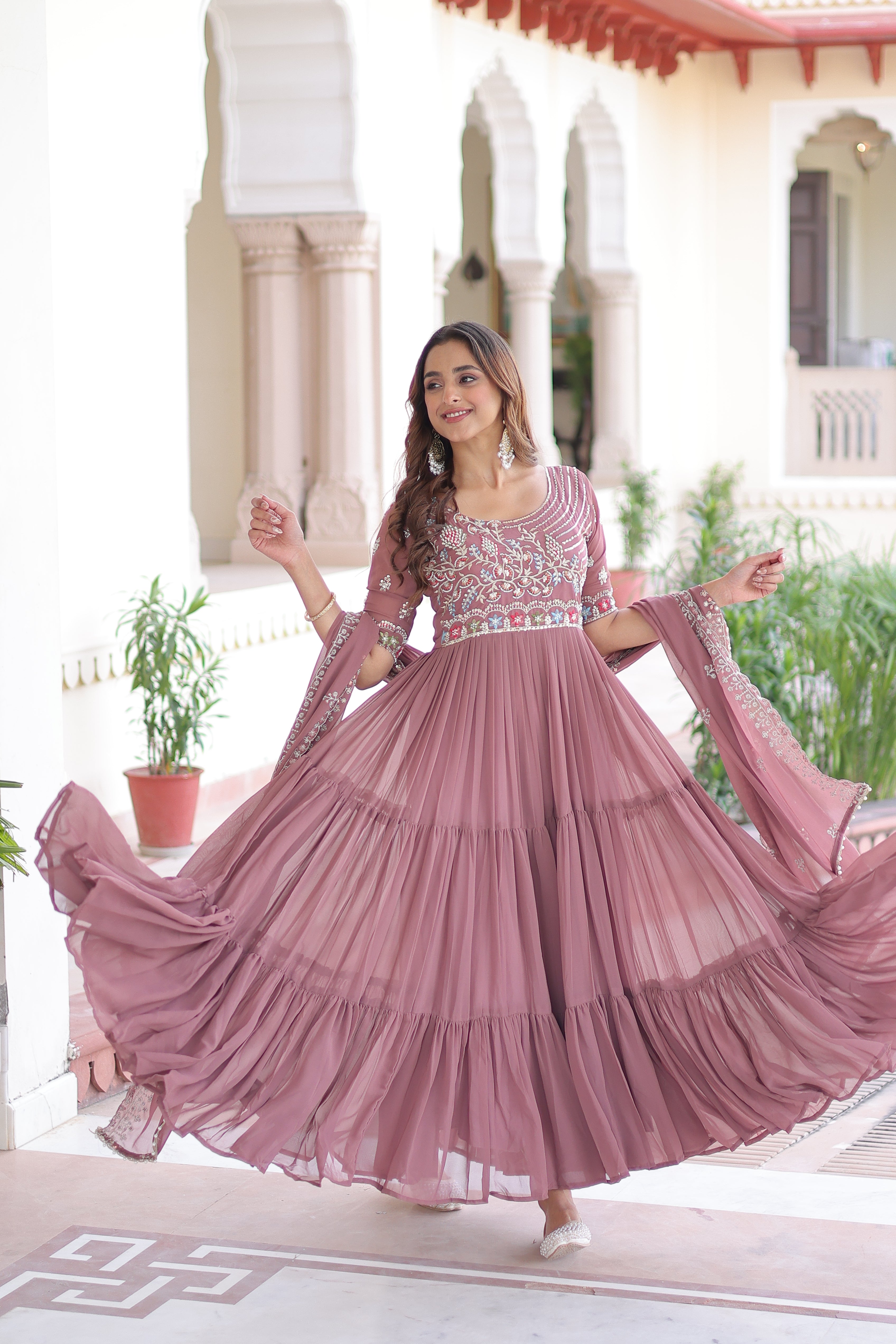 Georgette Sequins Festive Wear Gown With Dupatta