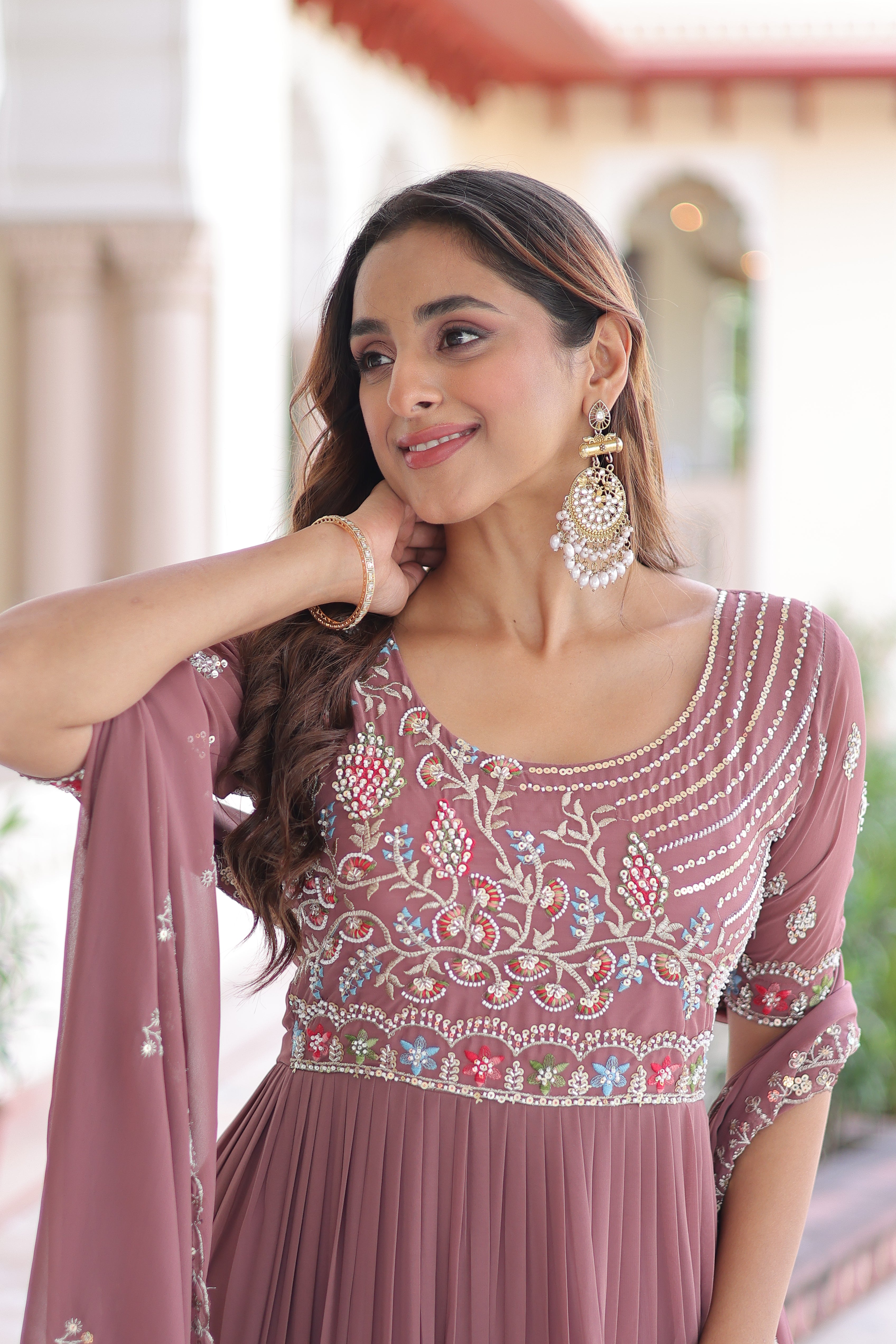 Georgette Sequins Festive Wear Gown With Dupatta