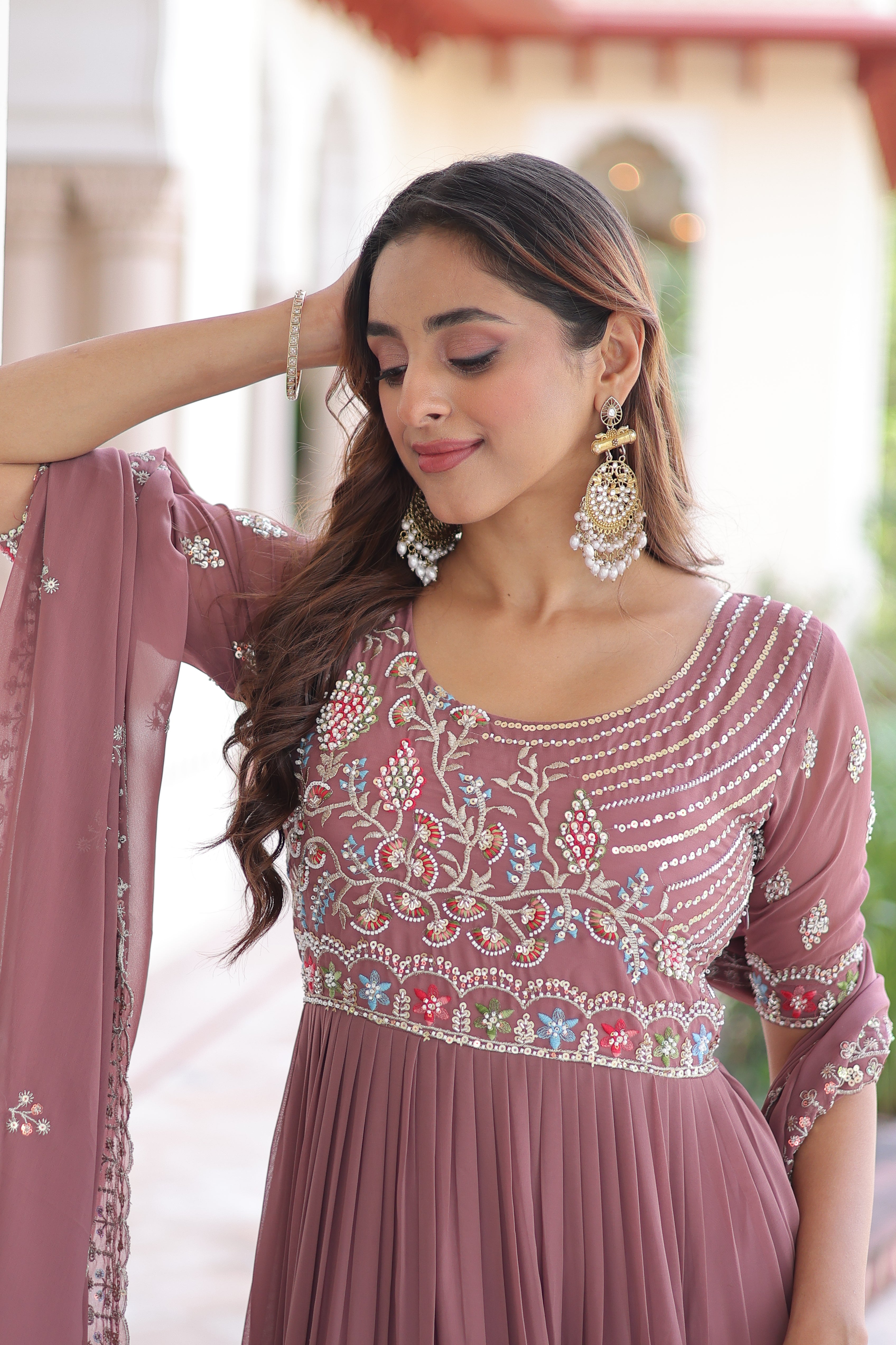 Georgette Sequins Festive Wear Gown With Dupatta