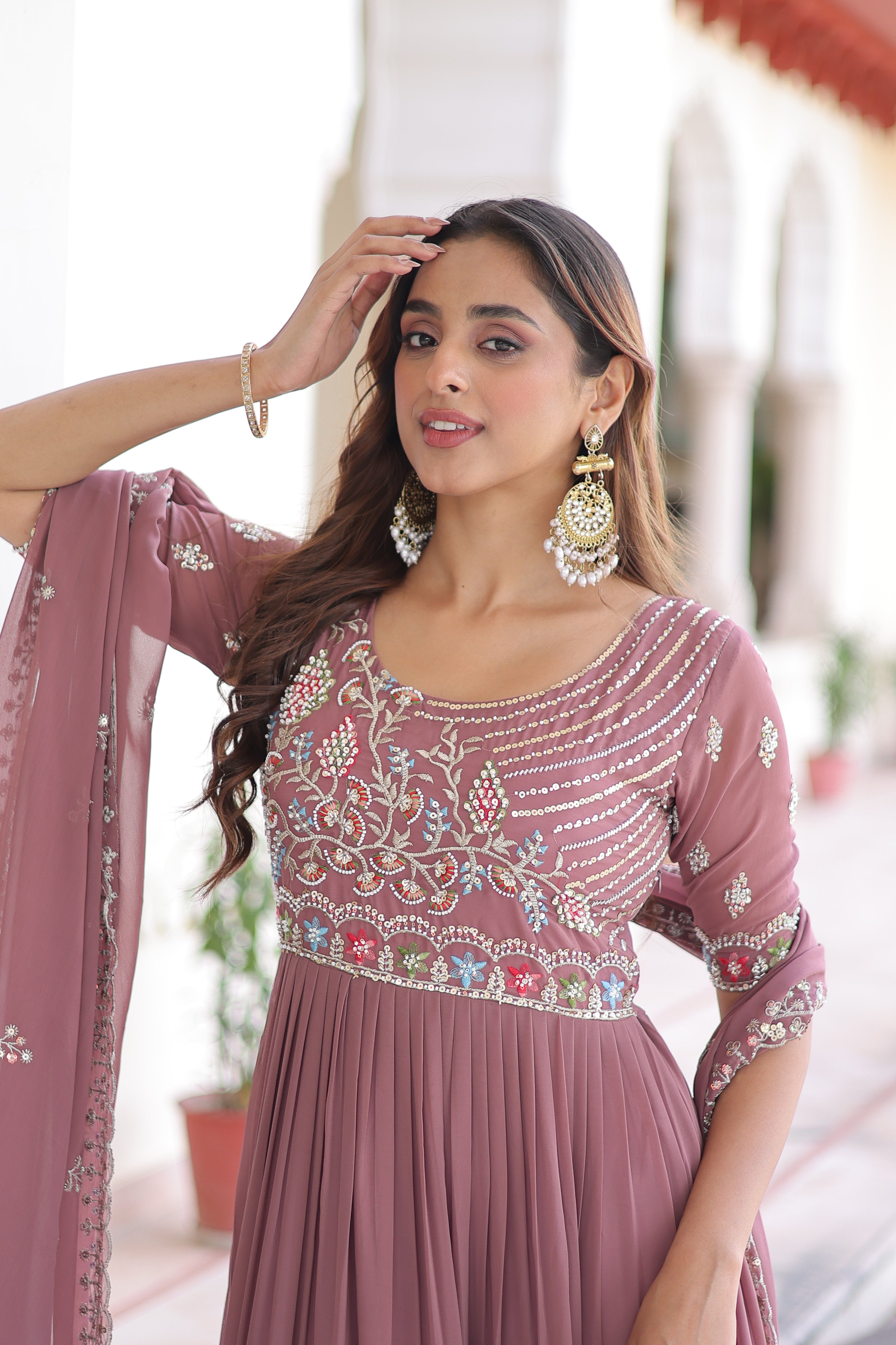 Georgette Sequins Festive Wear Gown With Dupatta