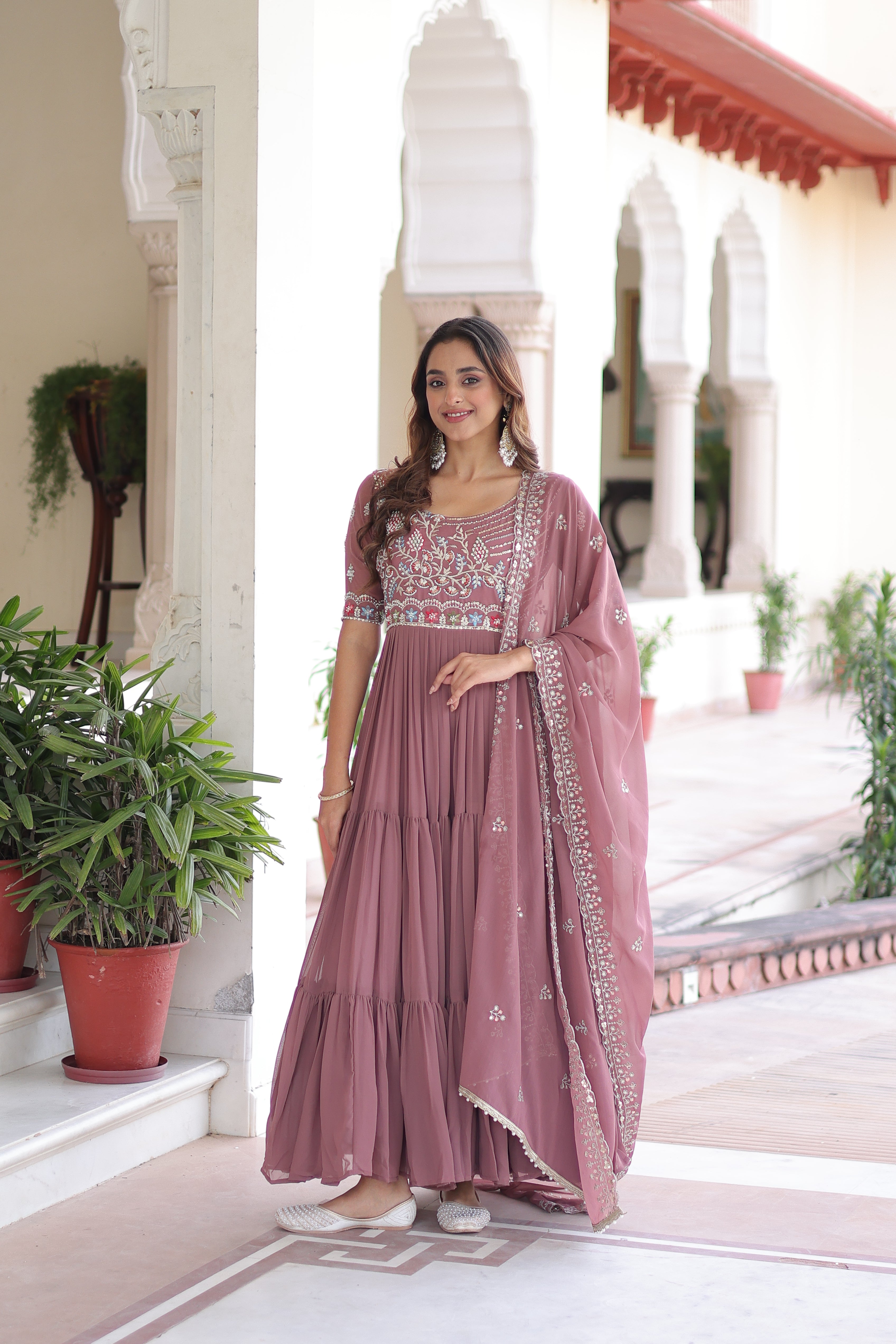 Georgette Sequins Festive Wear Gown With Dupatta