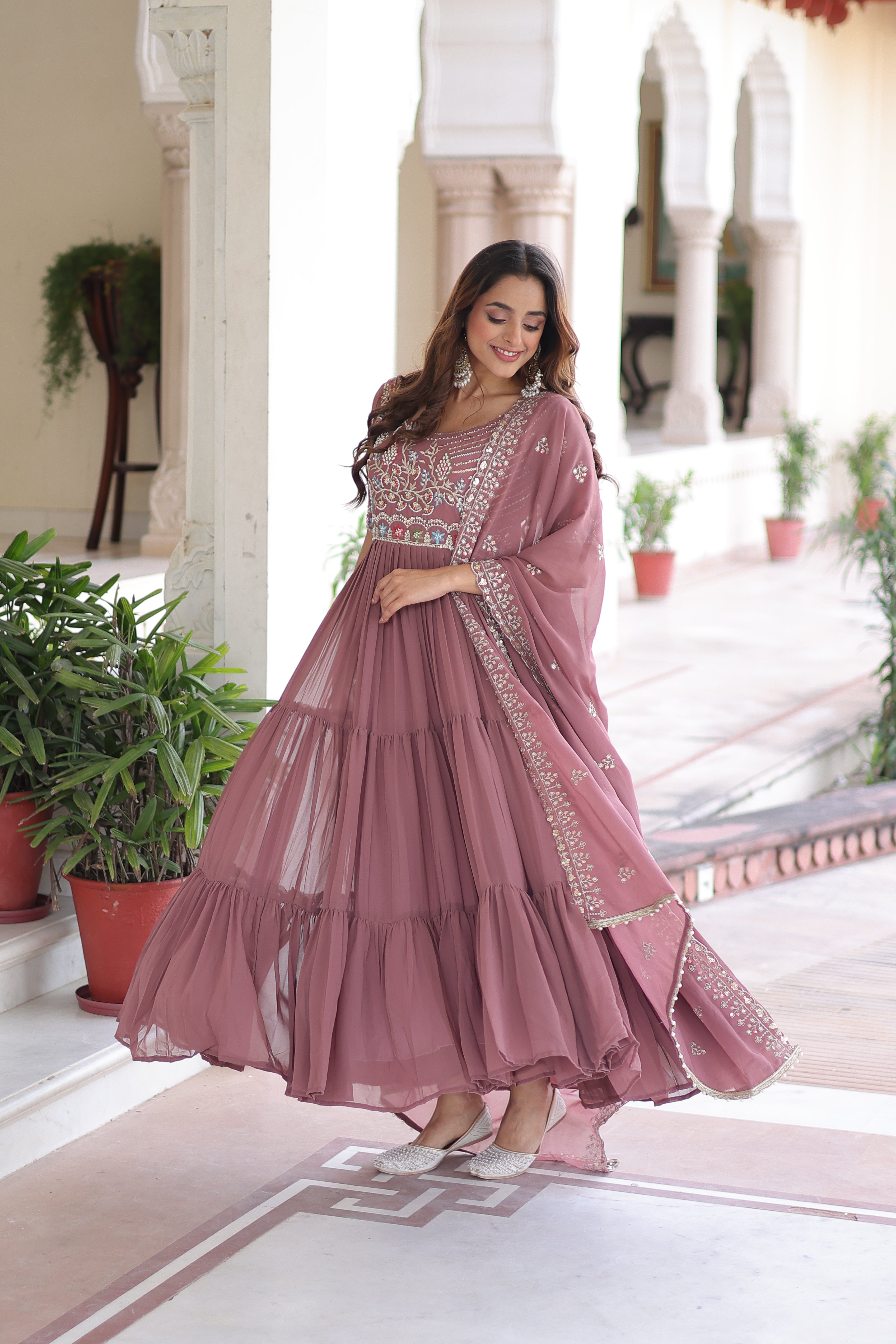 Georgette Sequins Festive Wear Gown With Dupatta