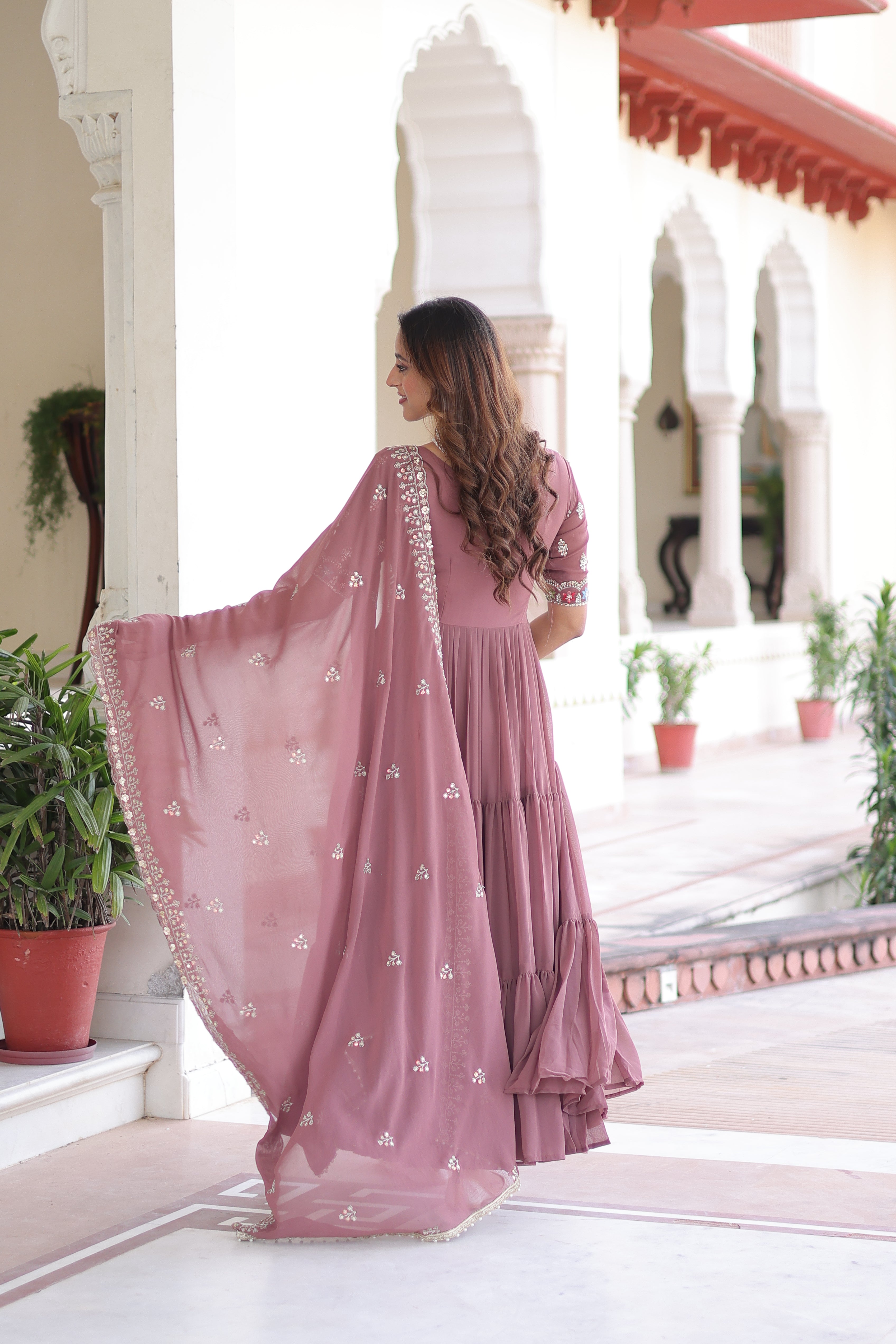 Georgette Sequins Festive Wear Gown With Dupatta