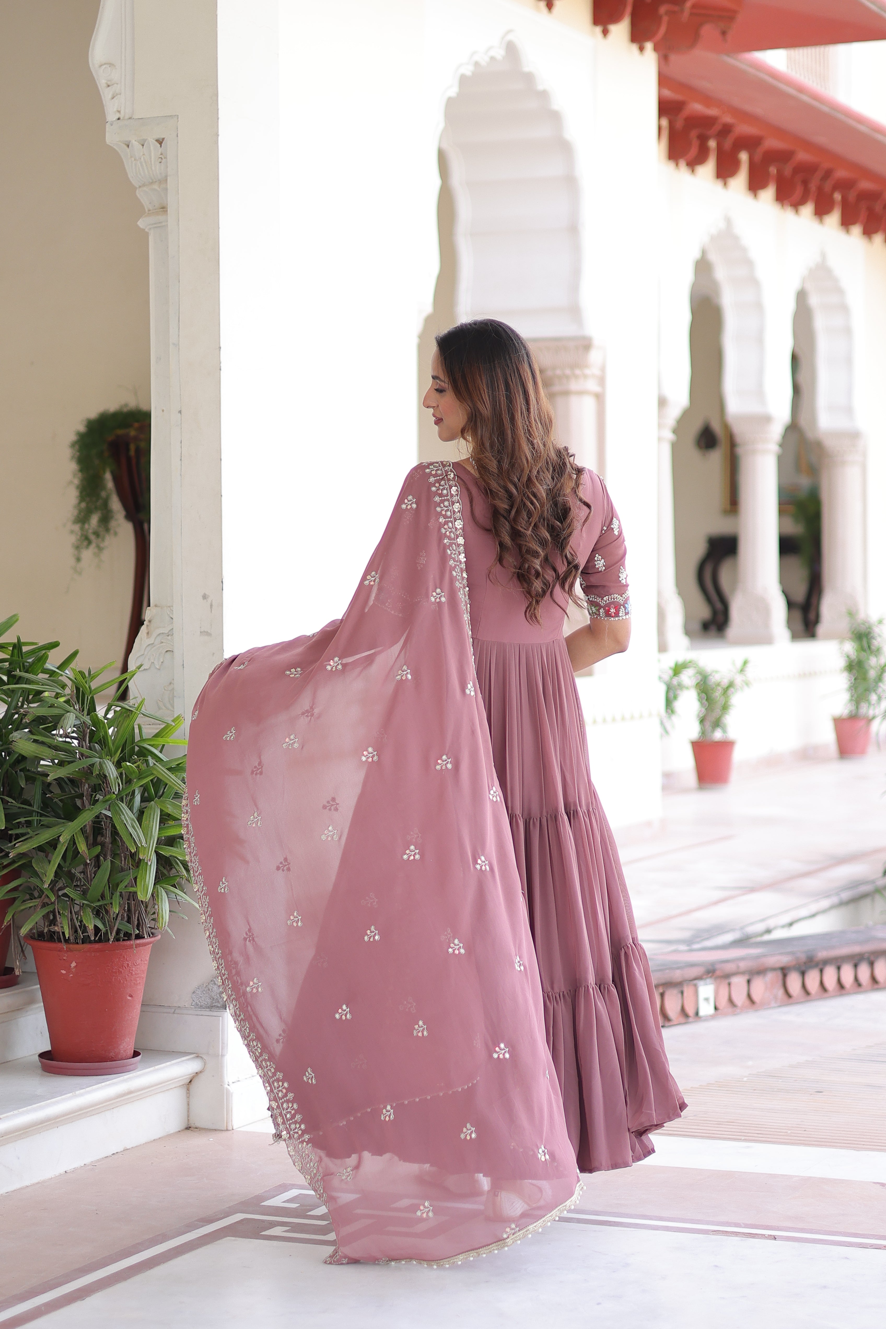 Georgette Sequins Festive Wear Gown With Dupatta