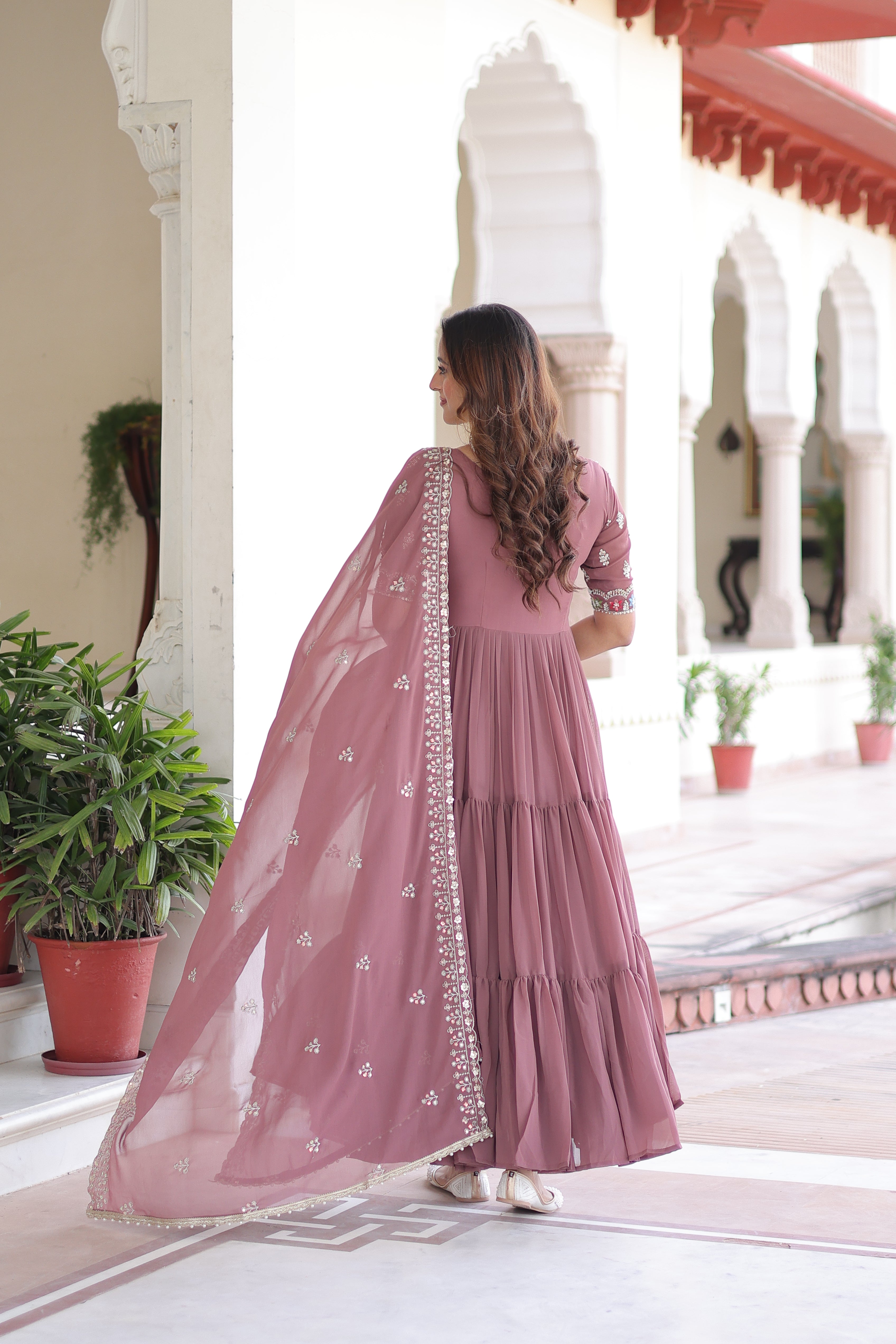 Georgette Sequins Festive Wear Gown With Dupatta